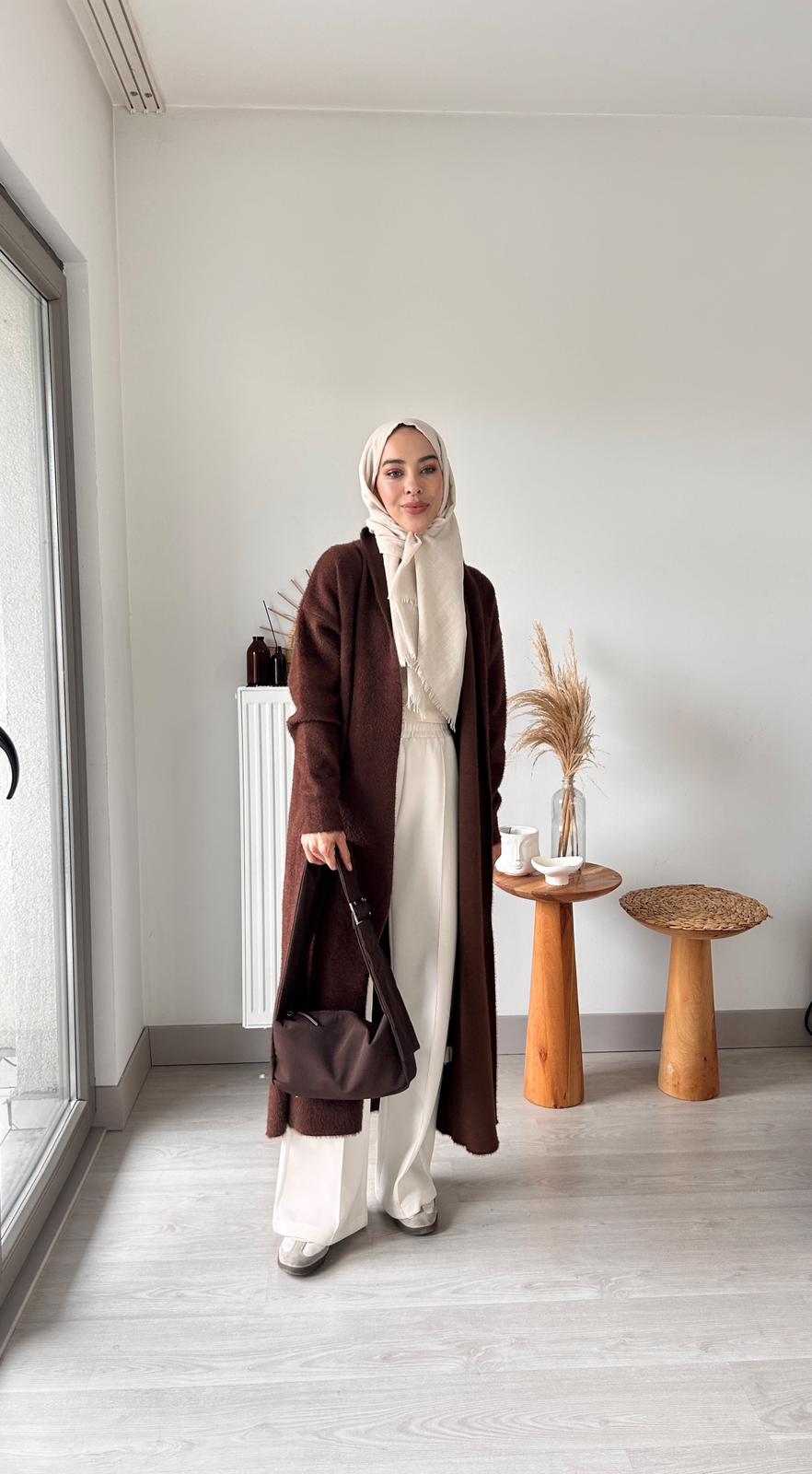 Angora kemerli hırka - Kahverengi