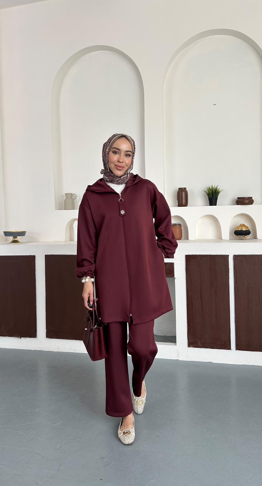 Scuba taş detaylı takım - Bordo