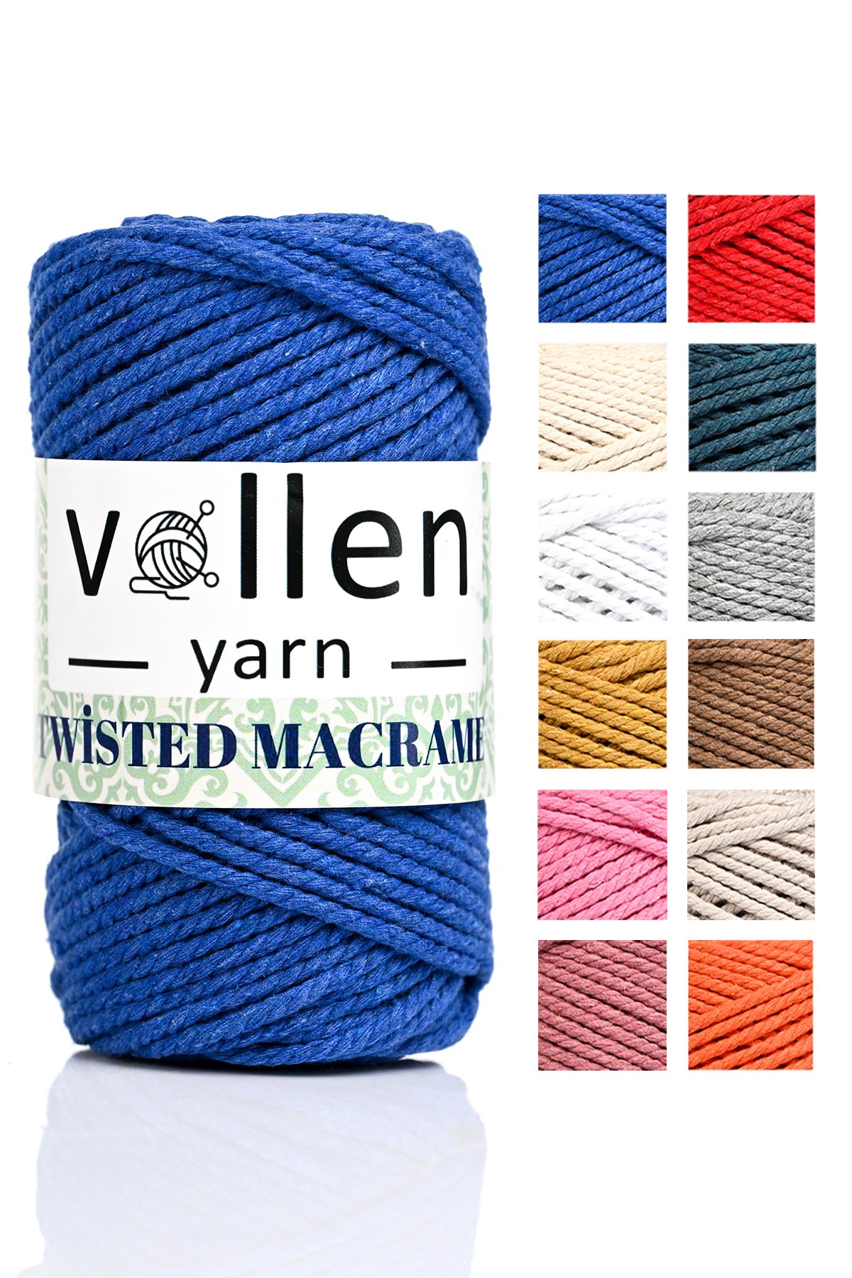 vollen yarn Premium 3 Büküm, Taranan Makrome, Pamuk Makrame, Halat İp, Üç Büküm, Hobi İpi, 250 Gr - 4101 Saks Mavi