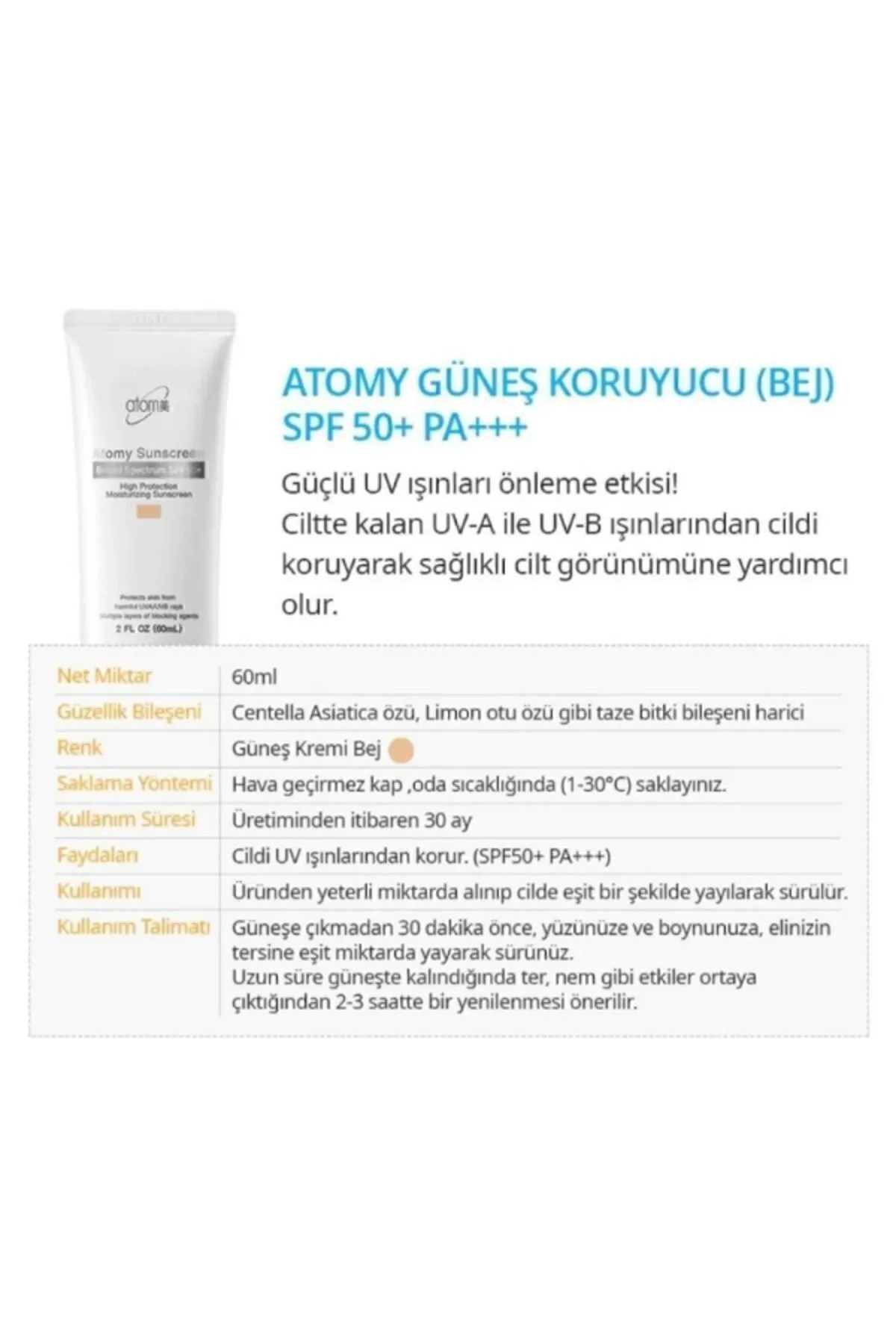 Atomy SUNSCREEN RENKLİ GÜNEŞ KORUYUCU SPF50+ PA+++ (BEJ) 60ML