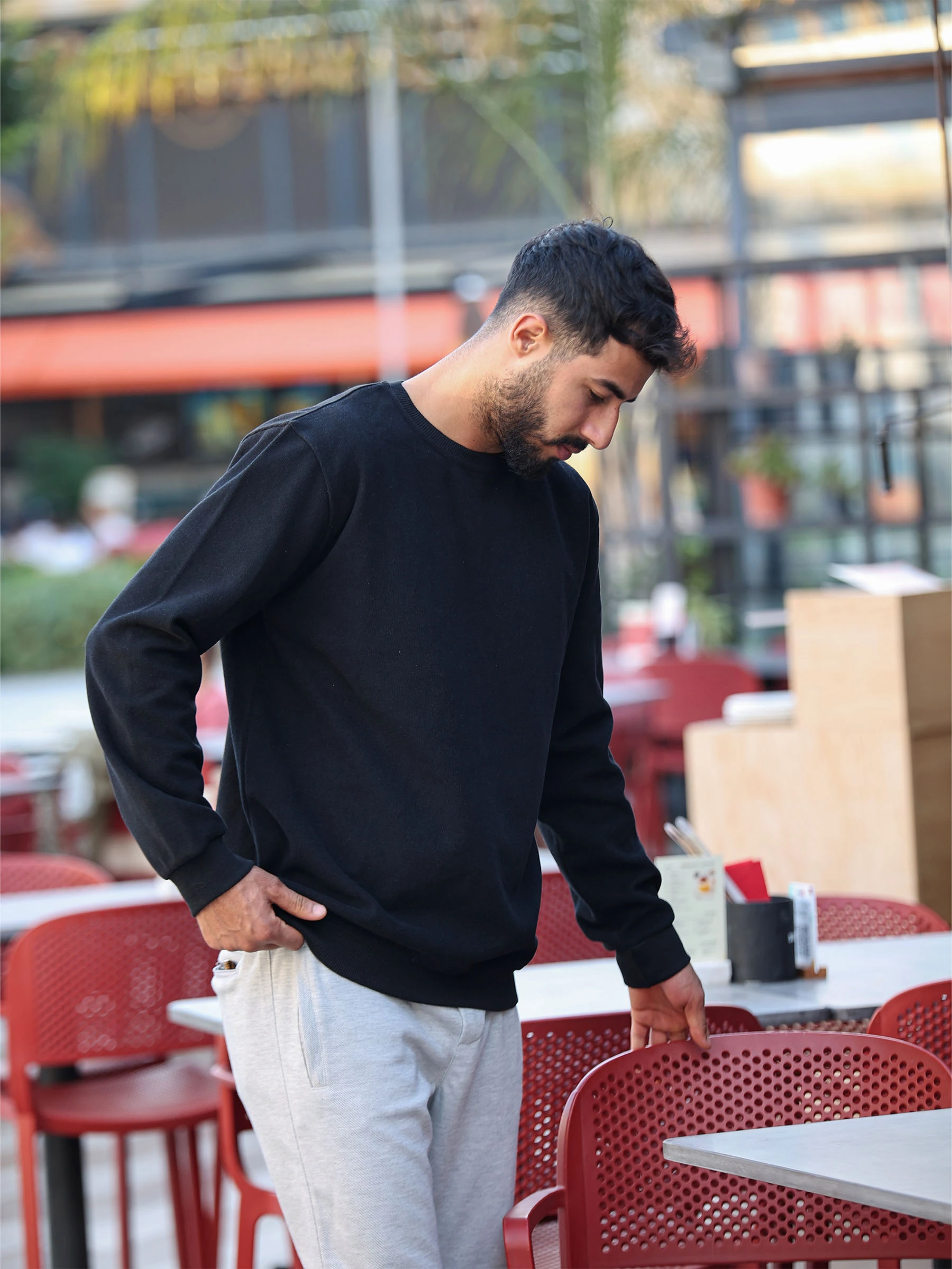 Siyah Selanik Kumaş Bisiklet Yaka Sweatshirt