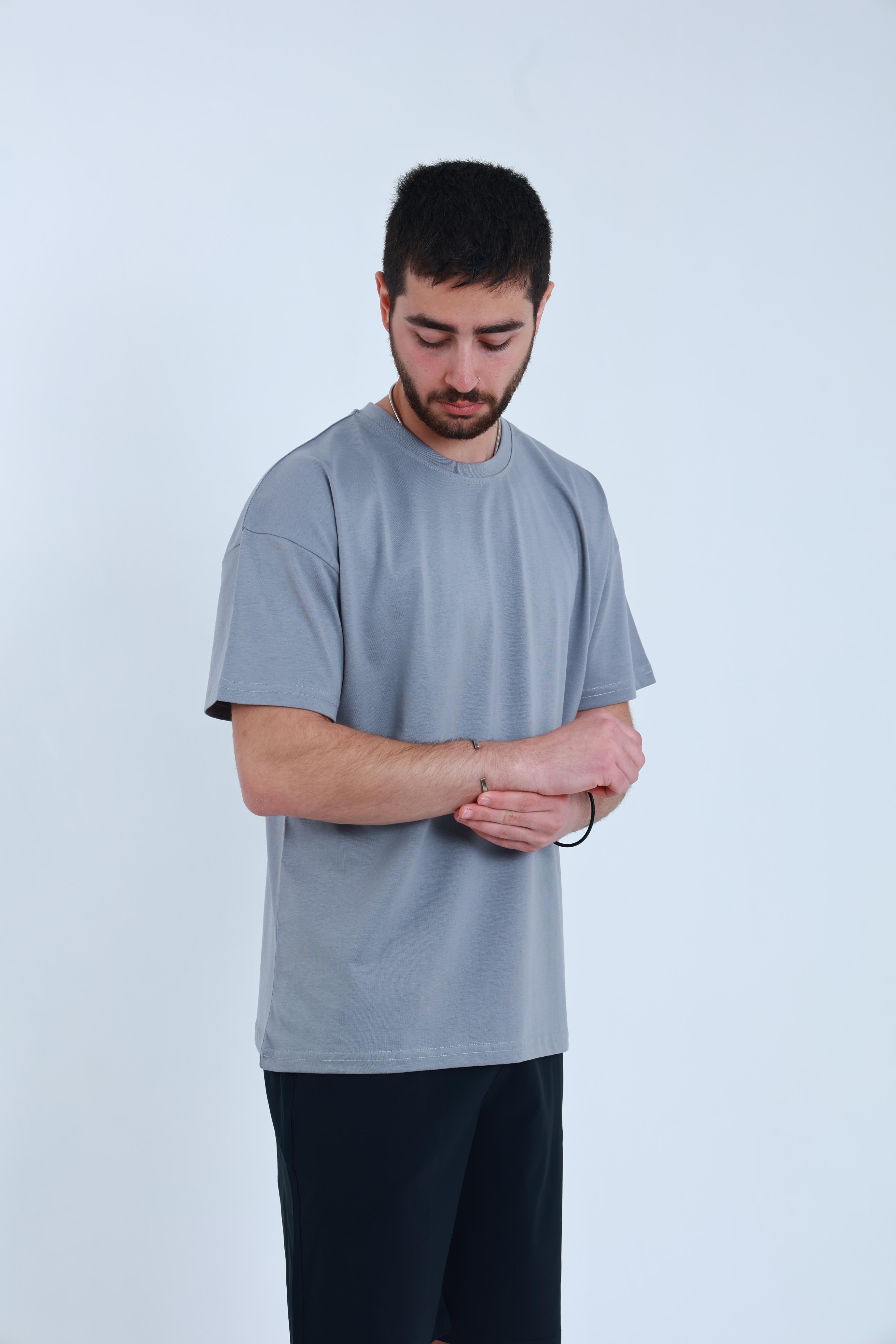 Erkek Penye Oversized T-Shirt Gri