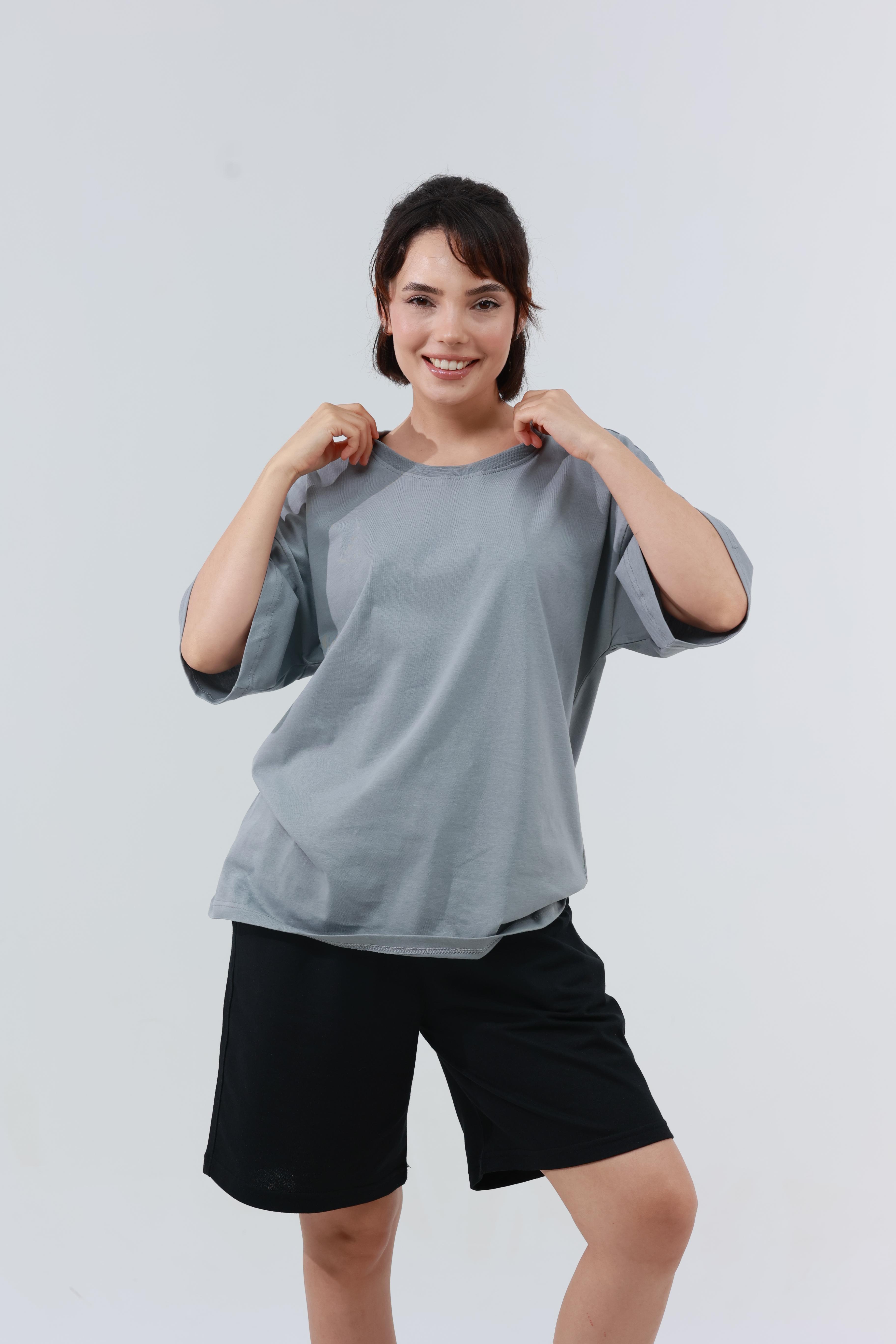 Kadın Penye Oversized T-Shirt Gri