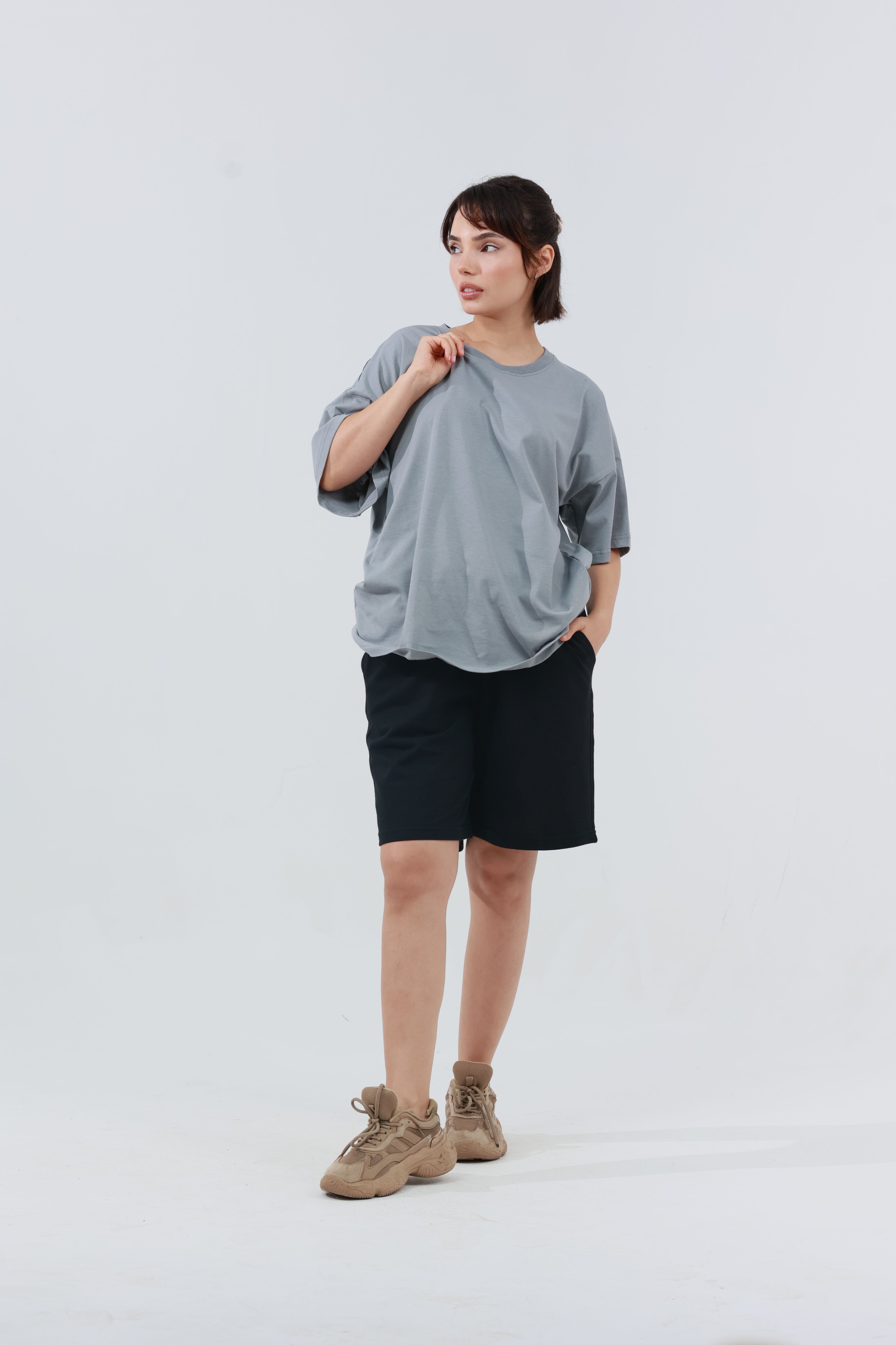 Kadın Penye Oversized T-Shirt Gri