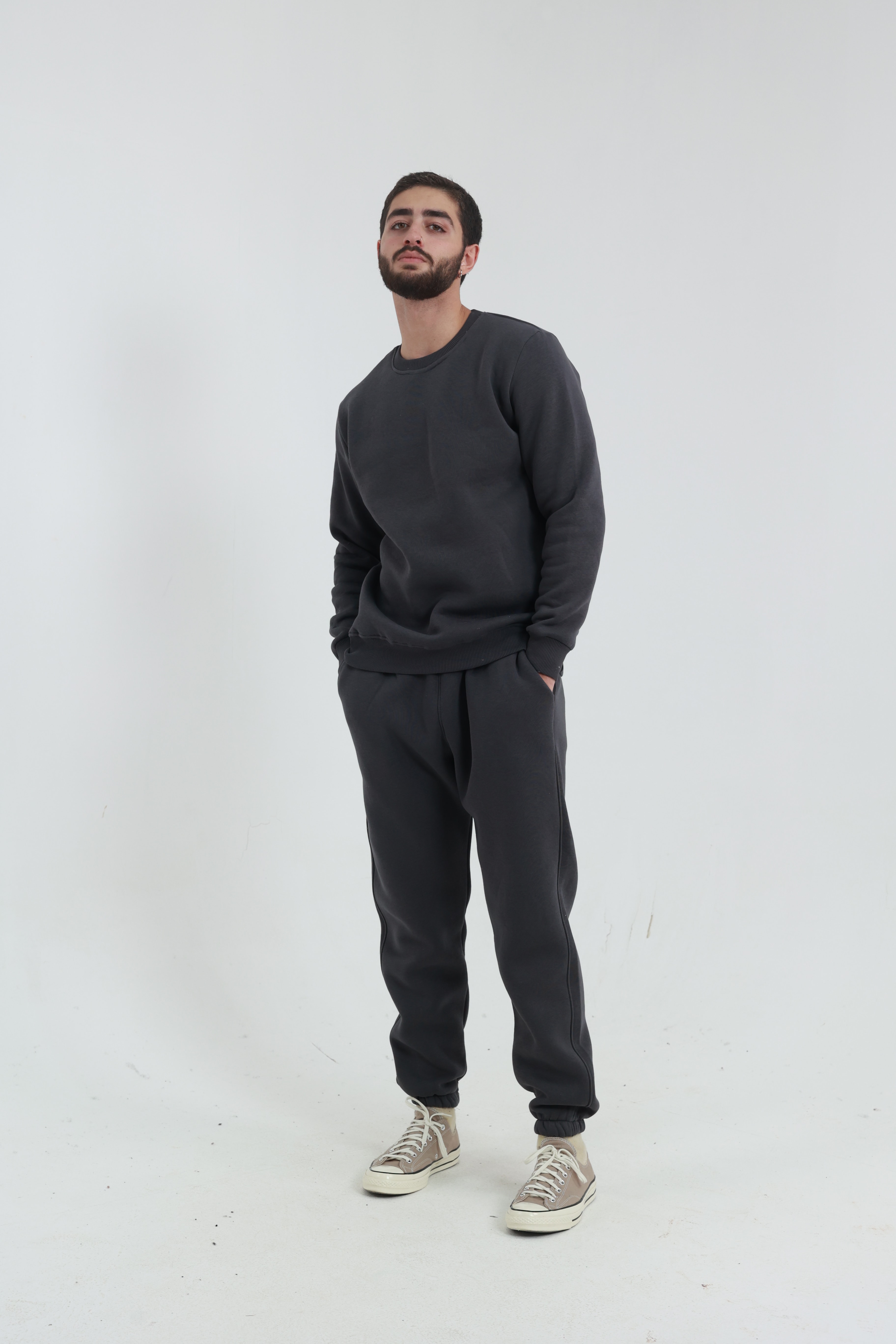 Koyu Füme Penye Regular Fit Bisiklet Yaka 3 İplik Eşofman Takım