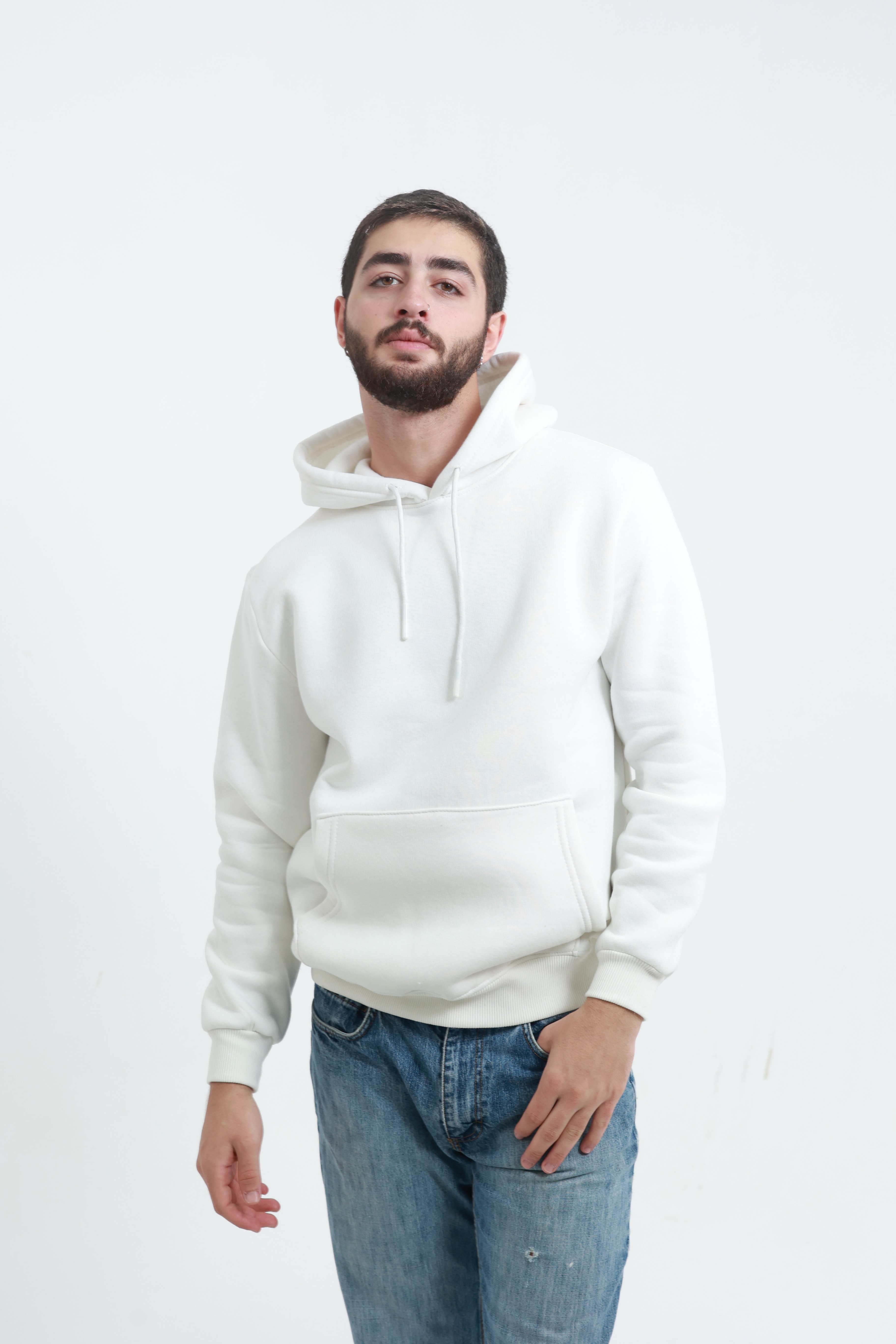 Kanguru Cepli Sweatshirt 3 İplik Beyaz