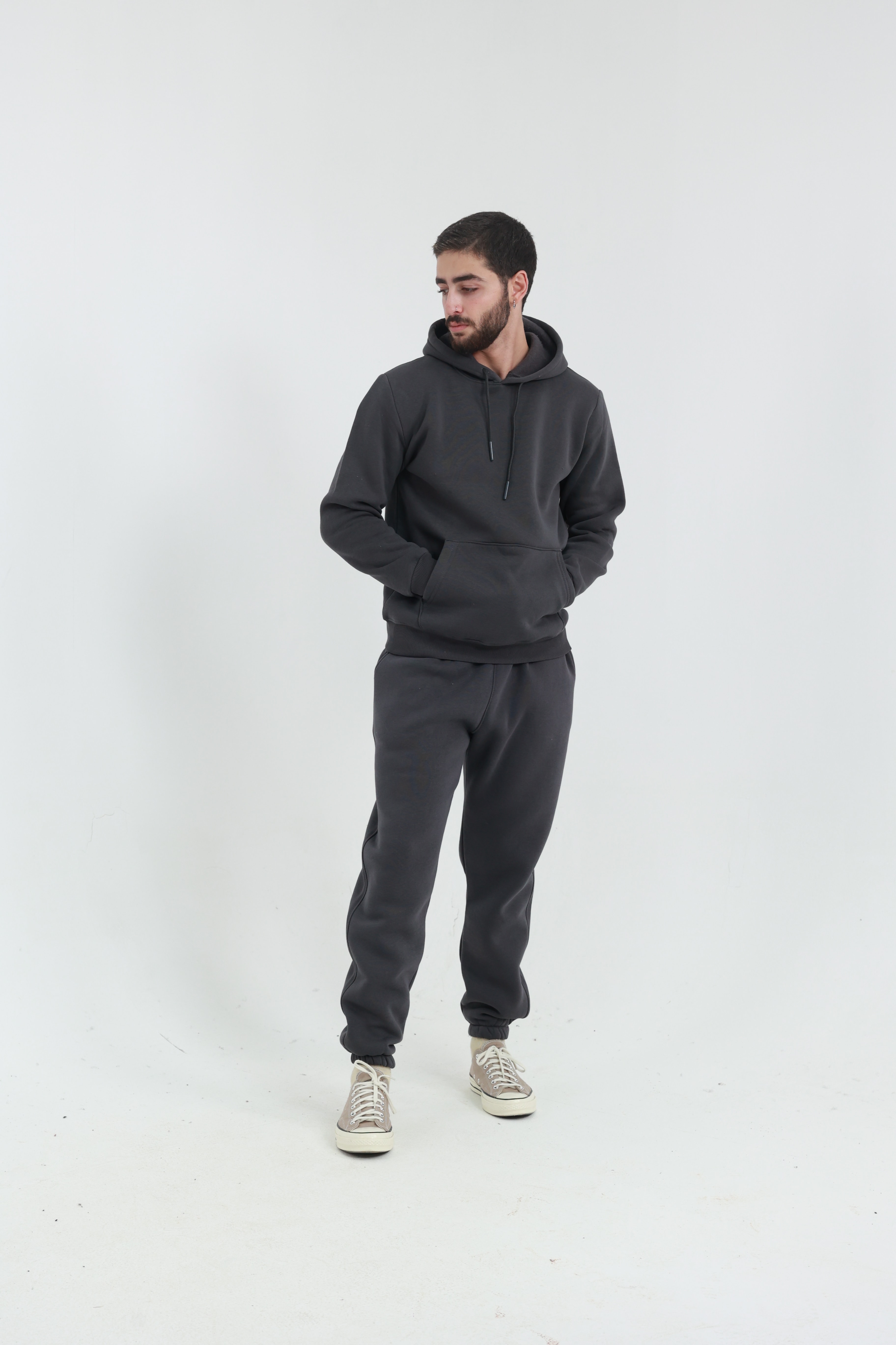Koyu Füme Penye Regular Fit Kanguru Cepli Sweatshirt 3 İplik Eşofman Takım