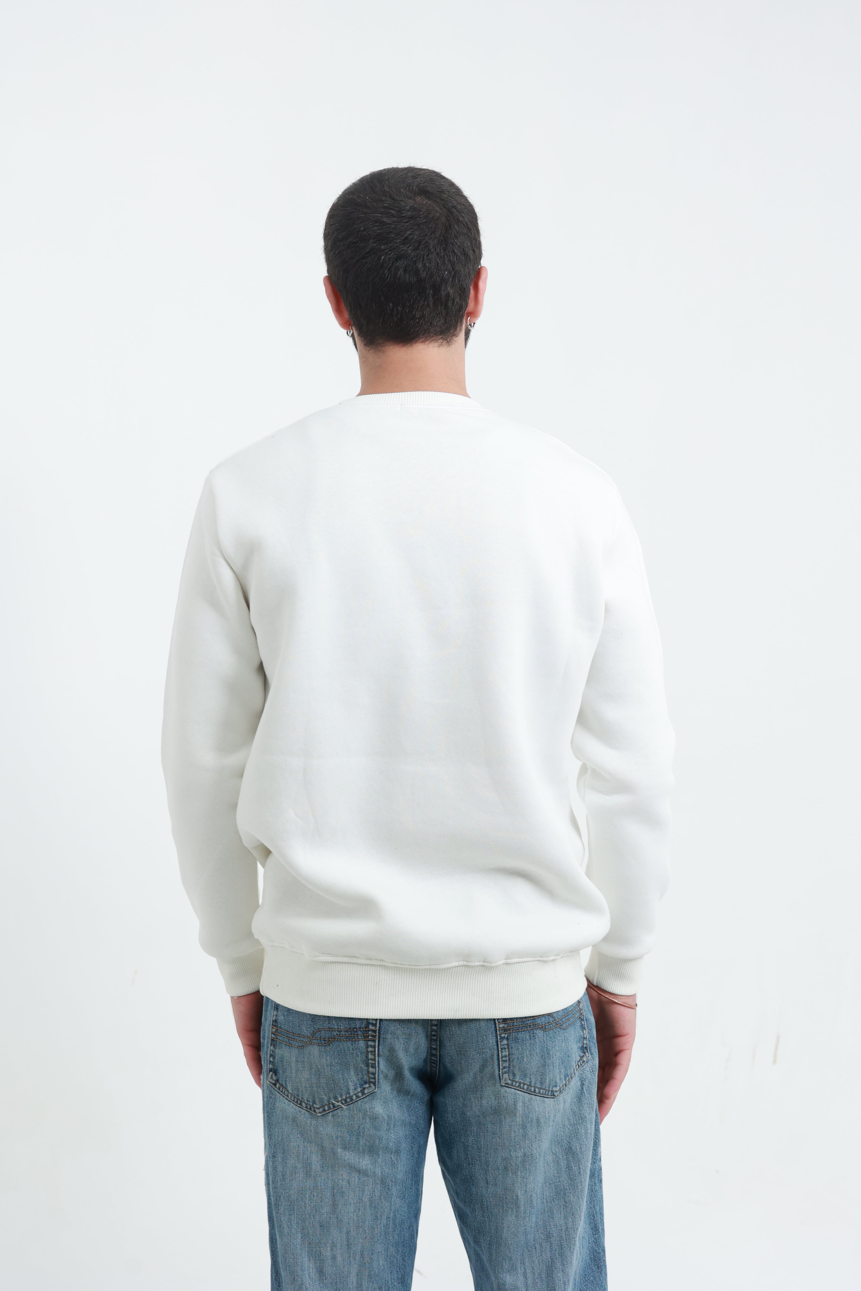 Beyaz Erkek Bisiklet Yaka Sweatshirt