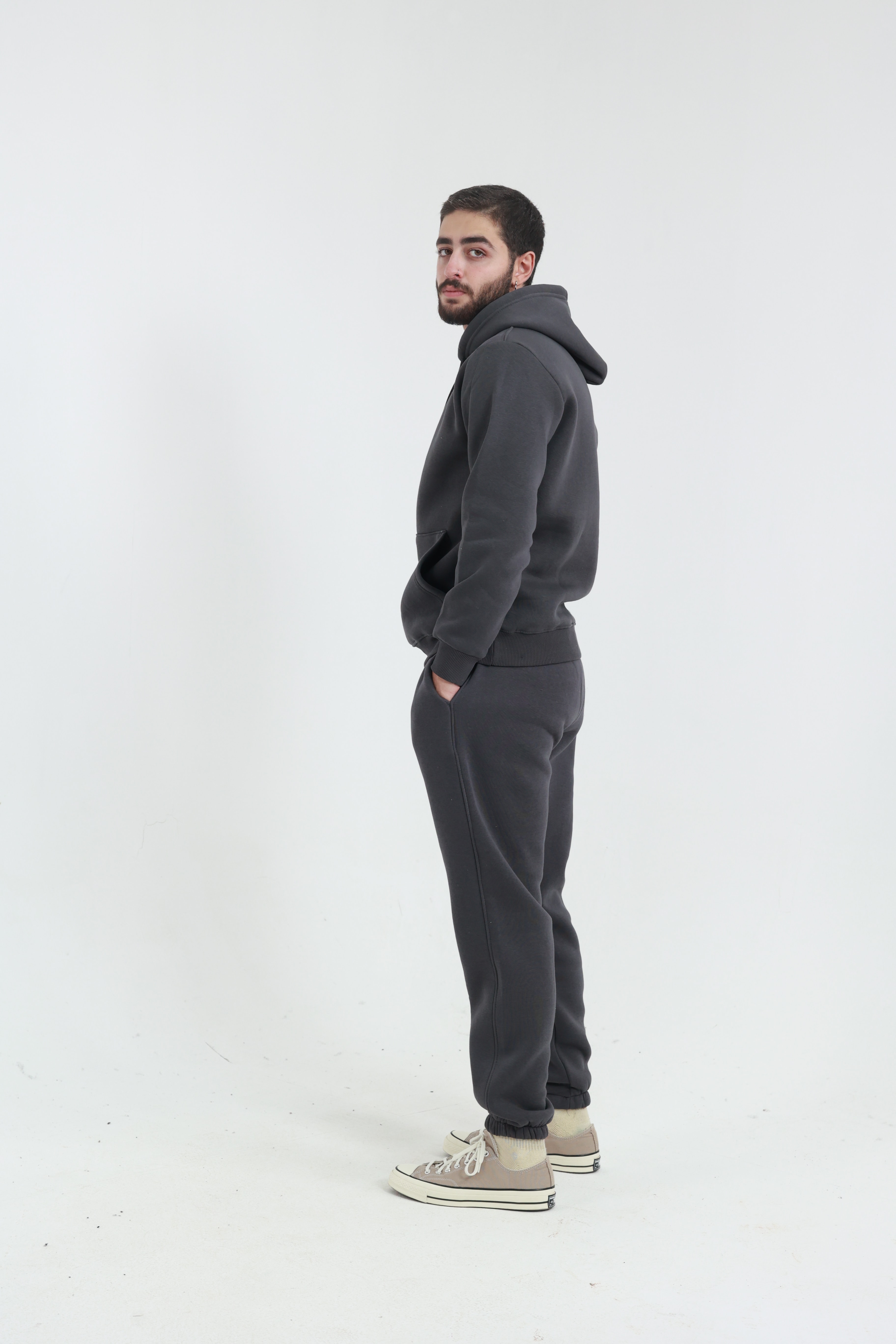 Koyu Füme Penye Regular Fit Kanguru Cepli Sweatshirt 3 İplik Eşofman Takım