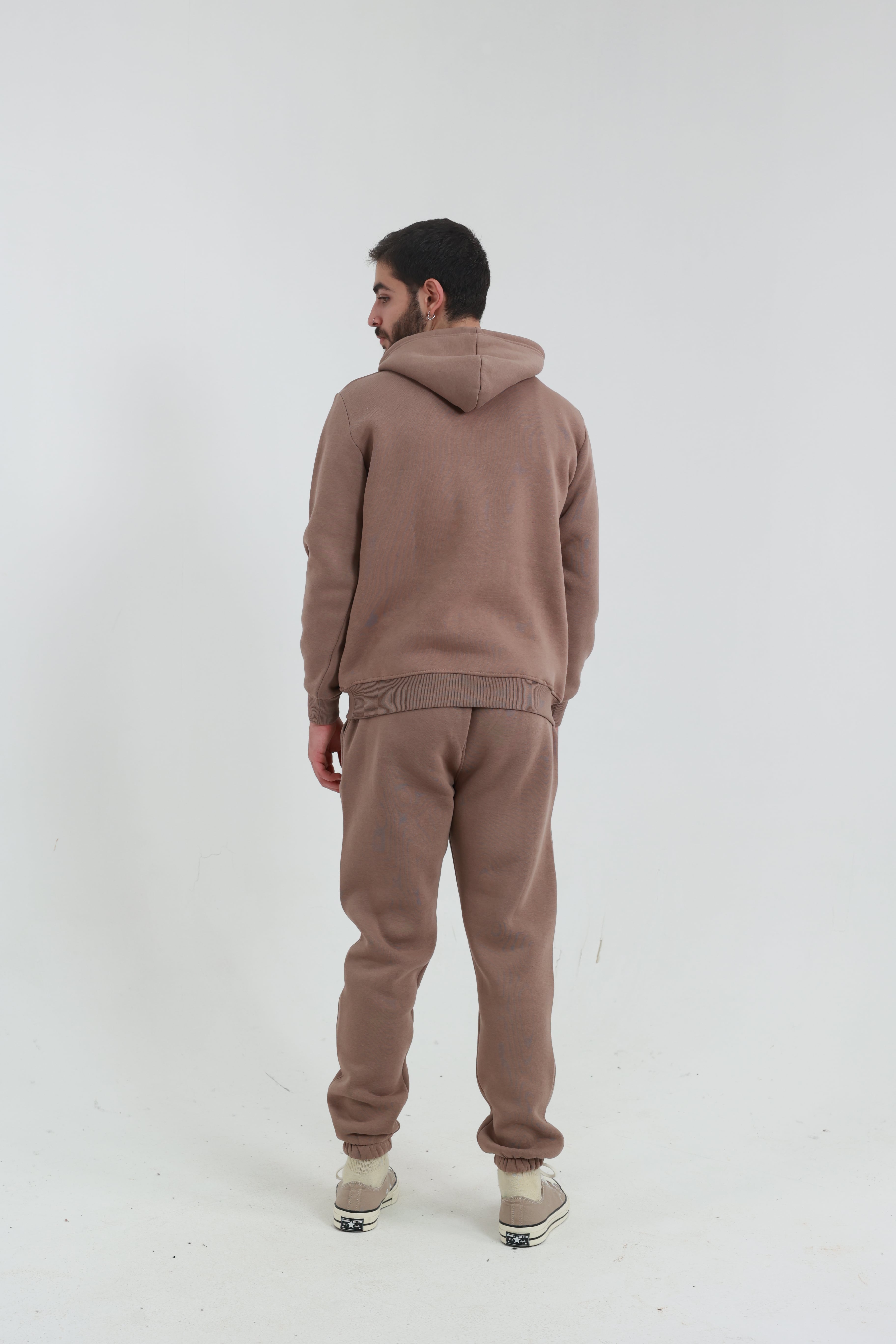 Kahverengi Erkek Penye Regular Fit Yandan Cepli Sweatshirt 3 İplik Eşofman Takım