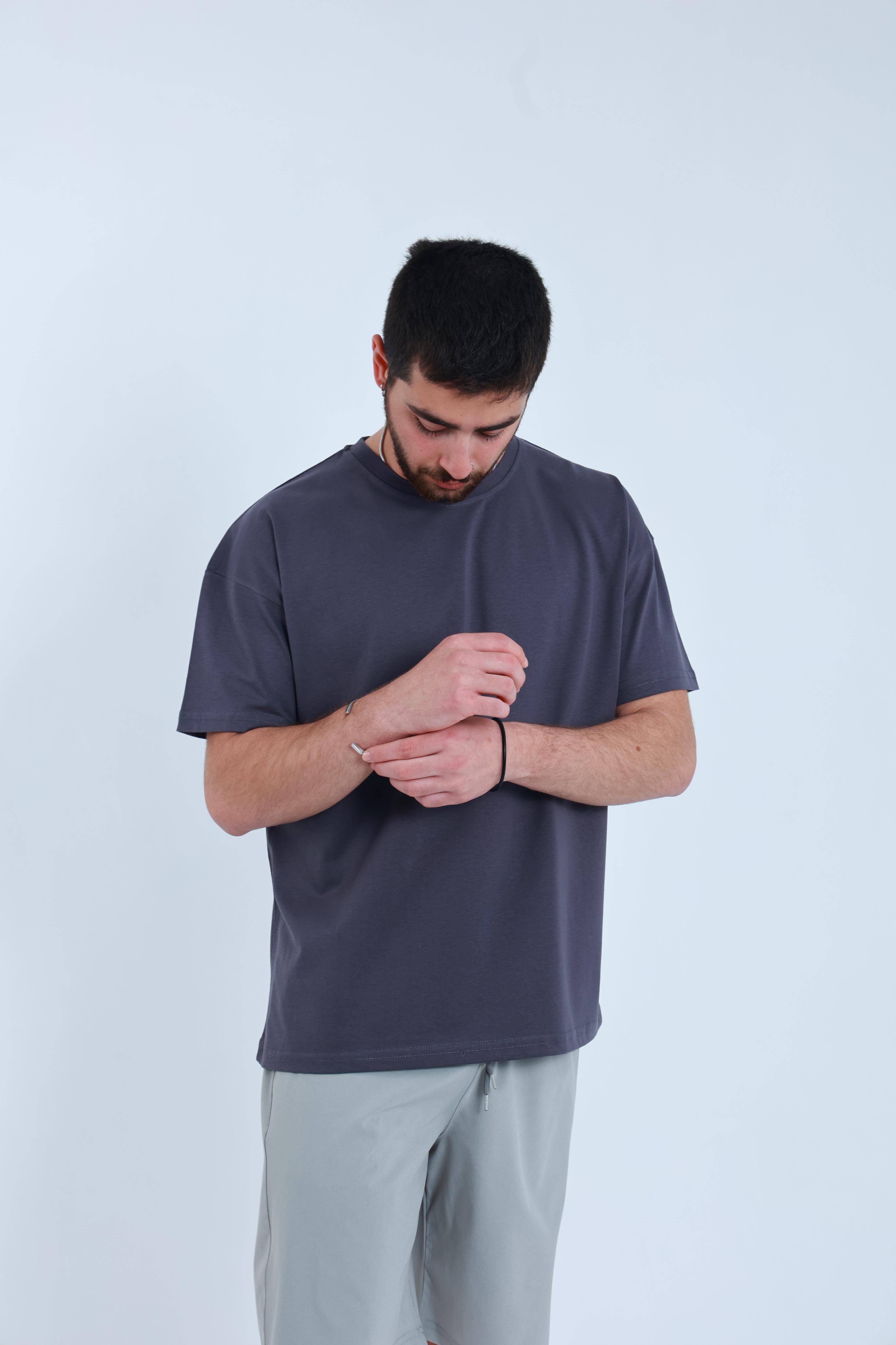 Erkek Penye Oversized T-Shirt Füme