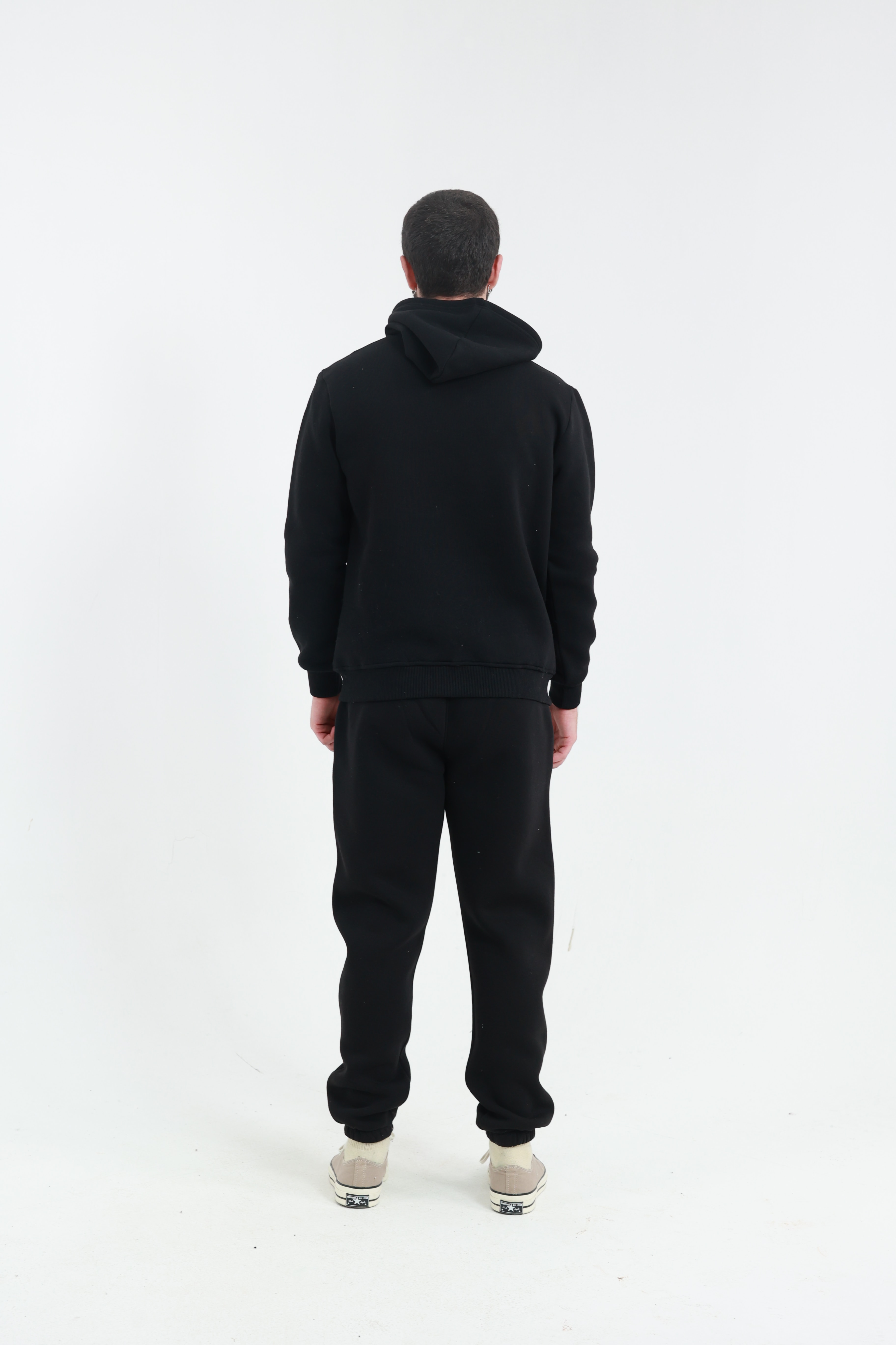 Siyah Penye Regular Fit Kanguru Cepli Sweatshirt 3 İplik Eşofman Takım