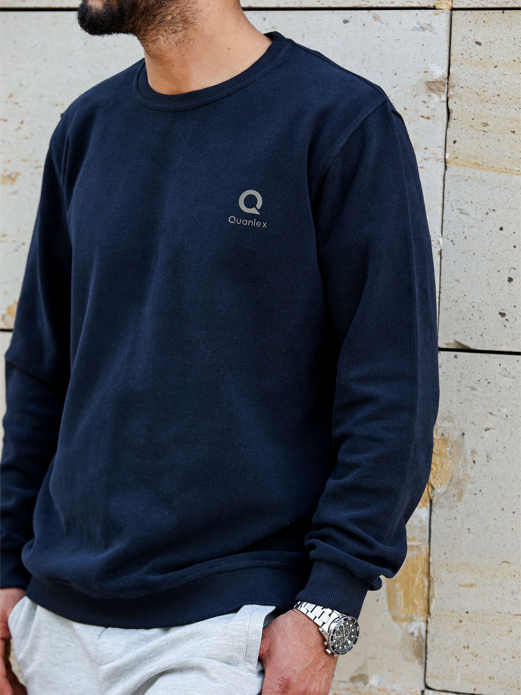 Lacivert Quanlex Selanik Kumaş Bisiklet Yaka Sweatshirt