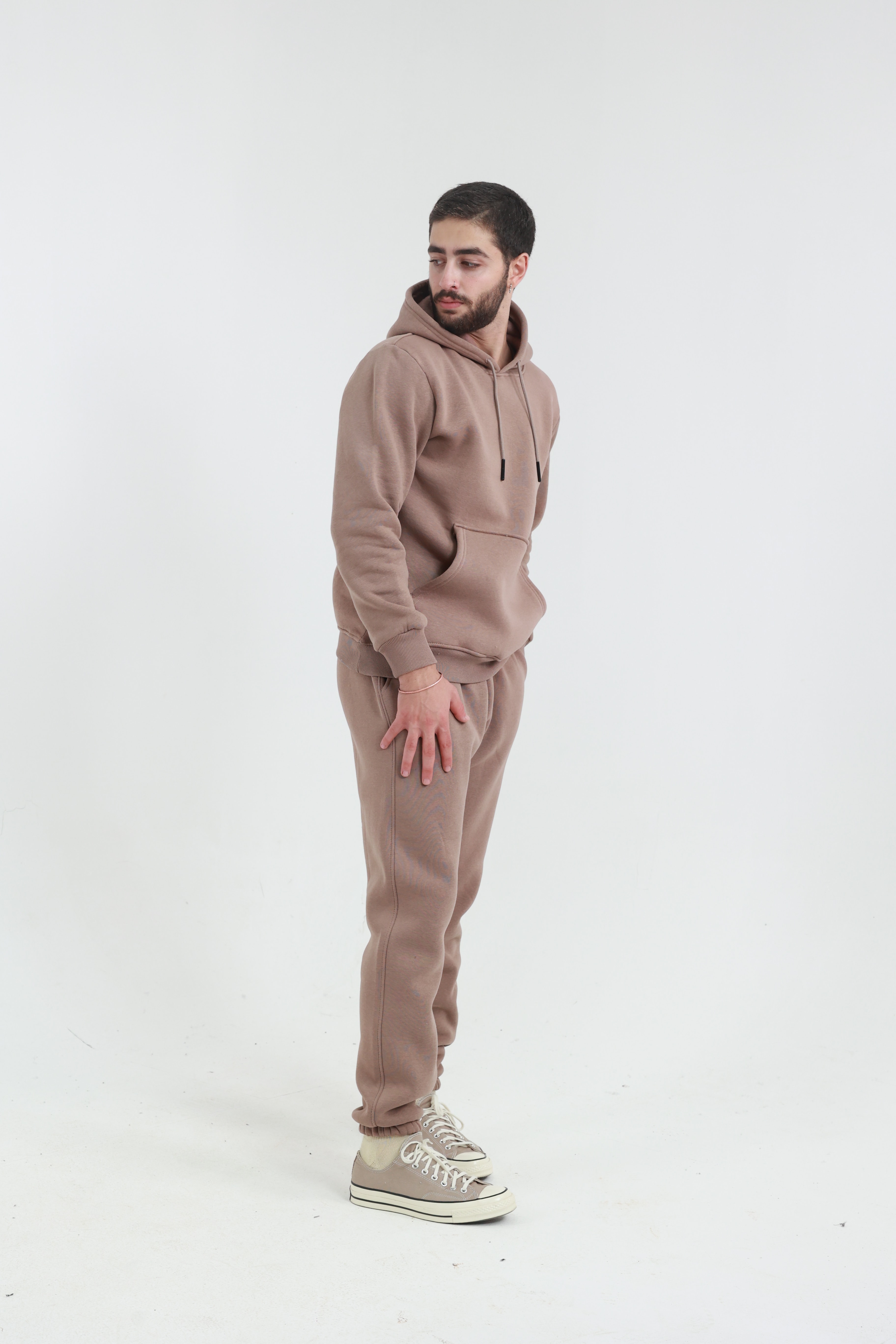 Kahverengi Penye Regular Fit Kanguru Cepli Sweatshirt 3 İplik Eşofman Takım