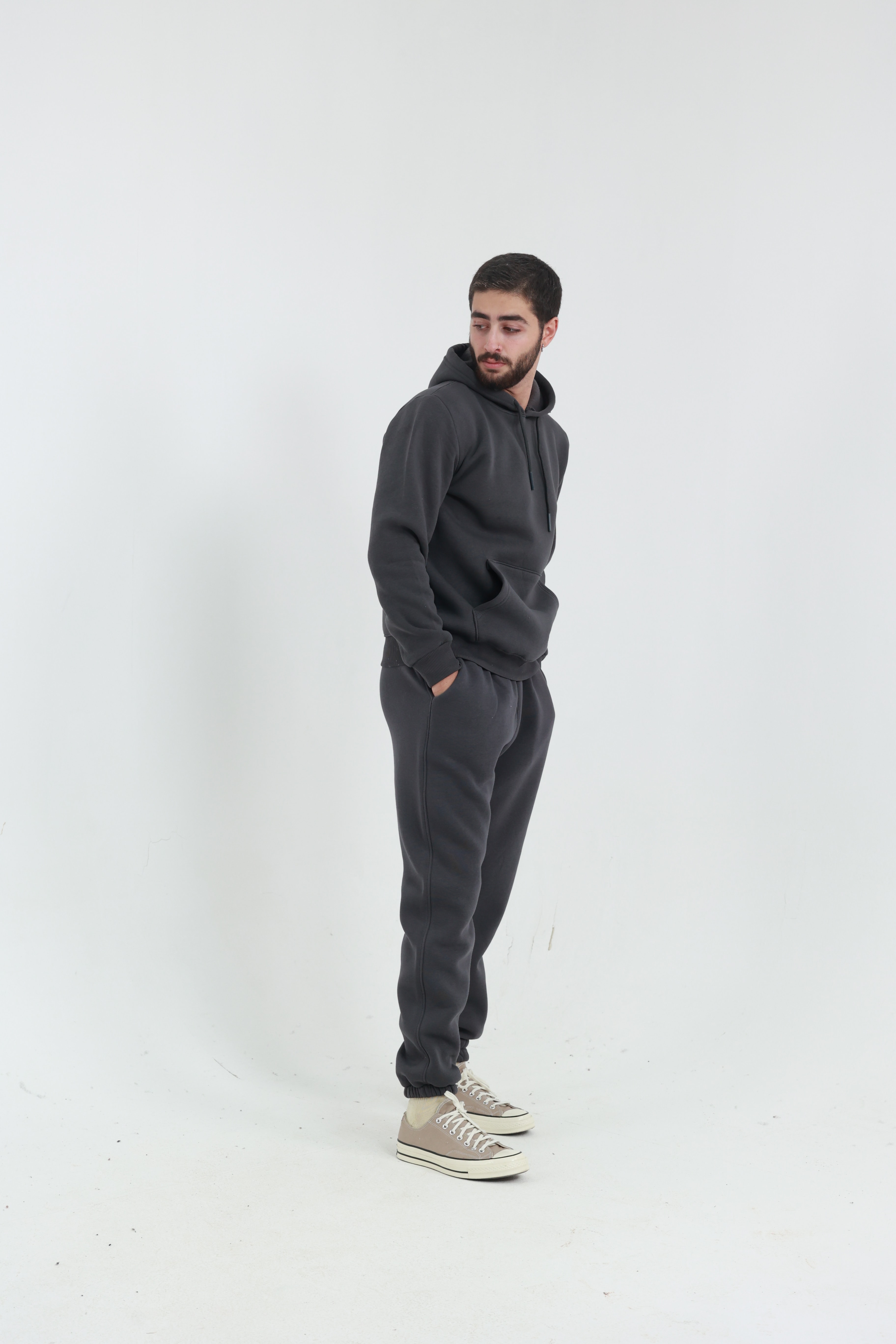 Koyu Füme Penye Regular Fit Kanguru Cepli Sweatshirt 3 İplik Eşofman Takım