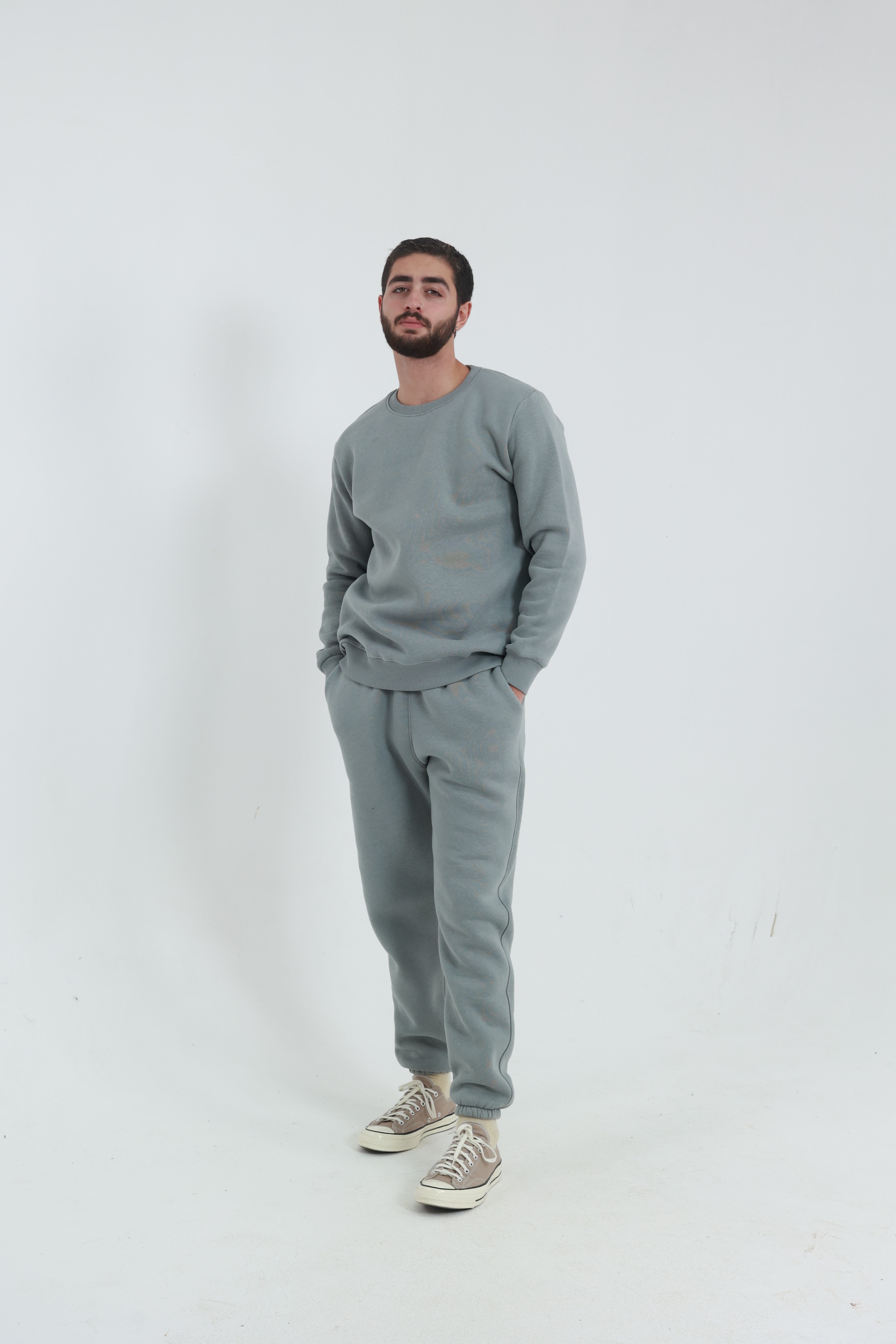 Gri Penye Regular Fit Bisiklet Yaka 3 İplik Eşofman Takım