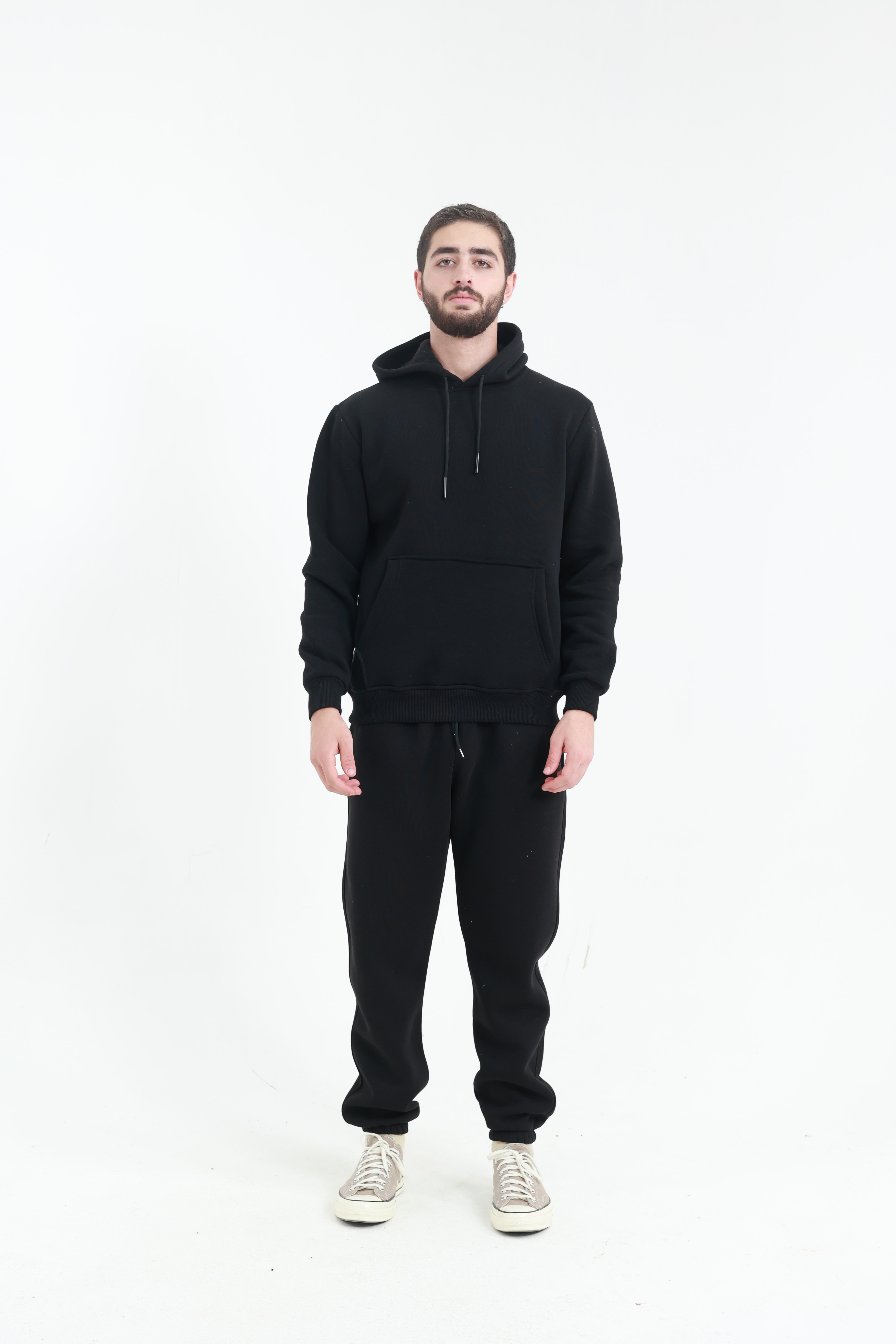 Siyah Penye Regular Fit Kanguru Cepli Sweatshirt 3 İplik Eşofman Takım