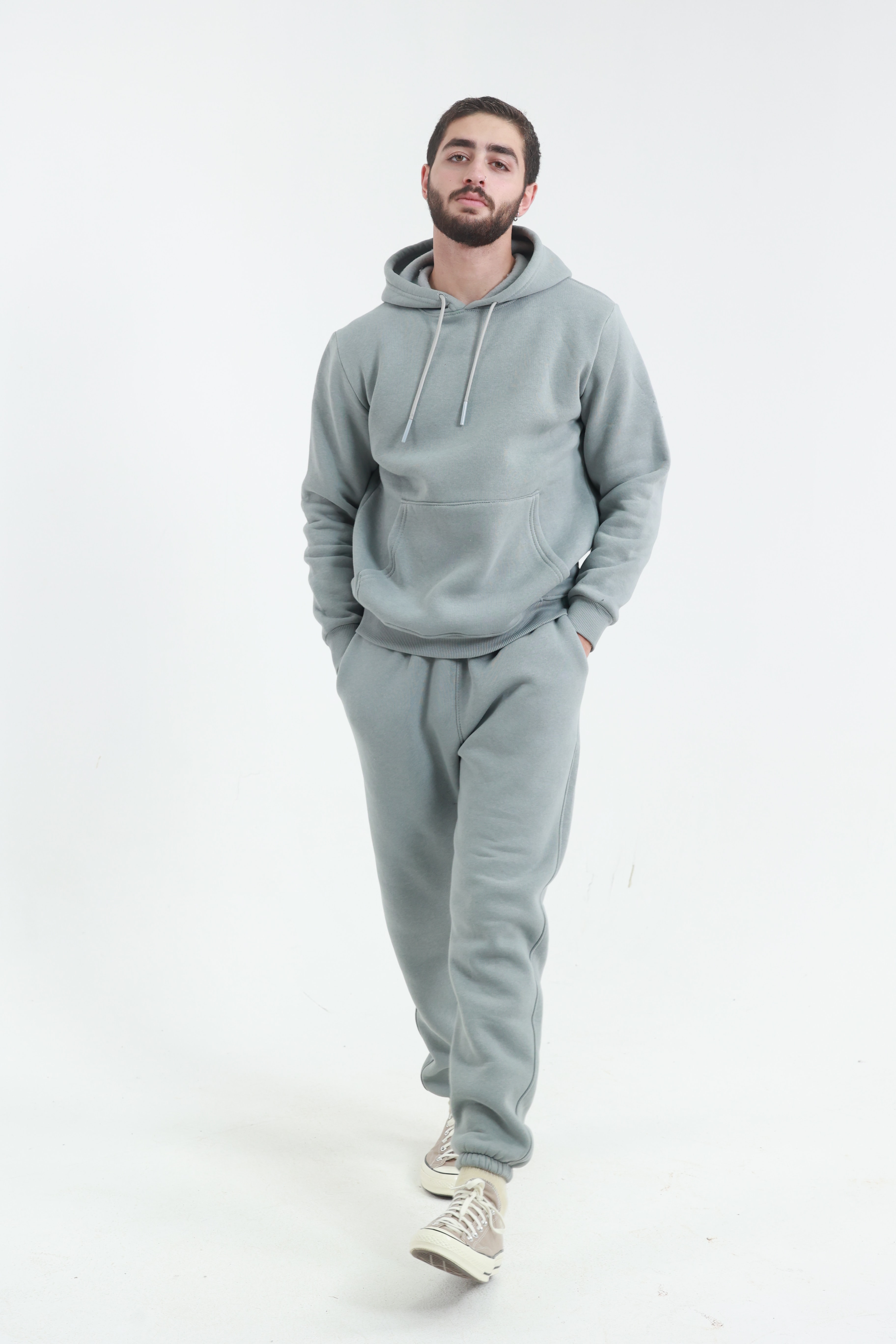 Gri Penye Regular Fit Kanguru Cepli Sweatshirt 3 İplik Eşofman Takım