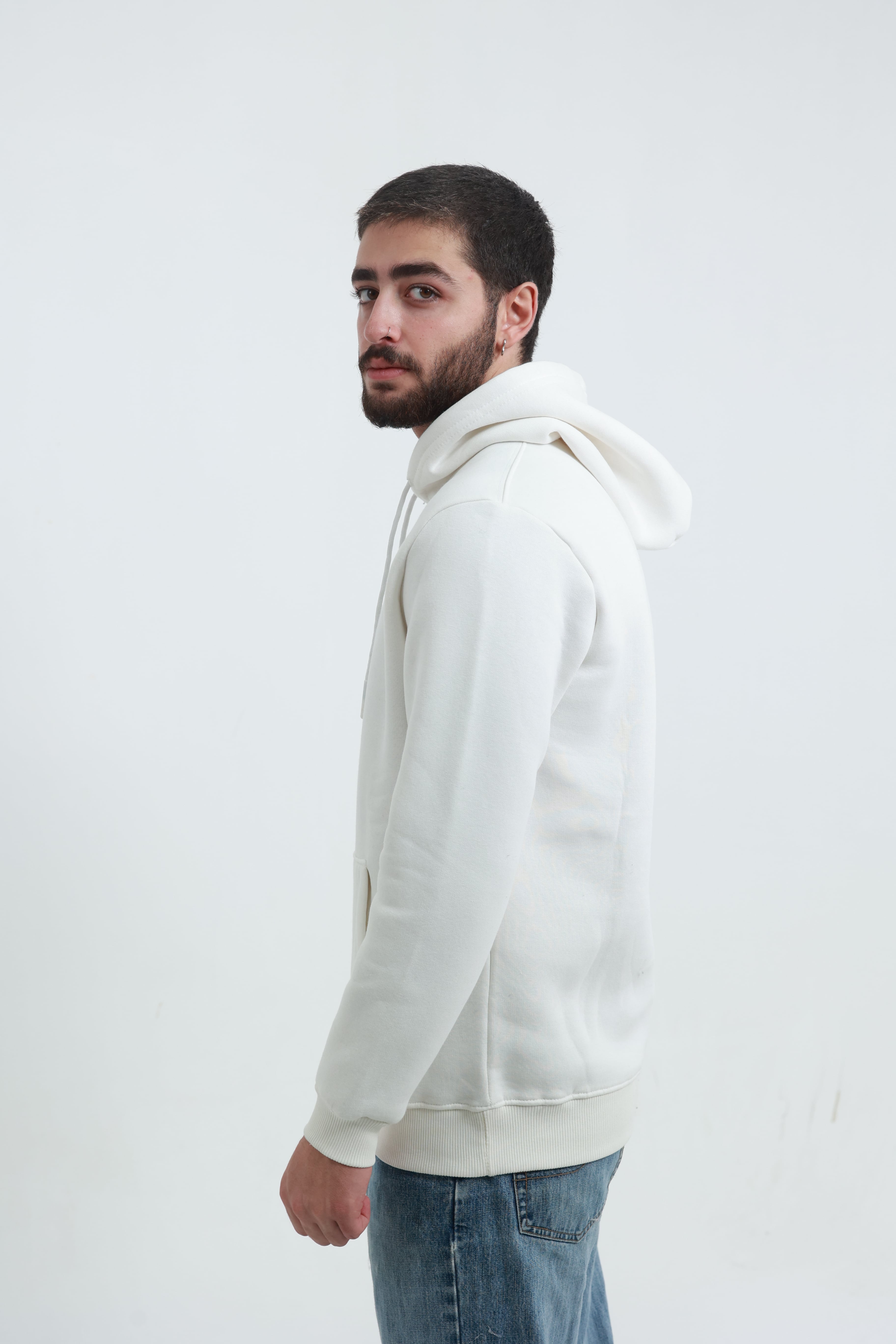 Kanguru Cepli Sweatshirt 3 İplik Beyaz