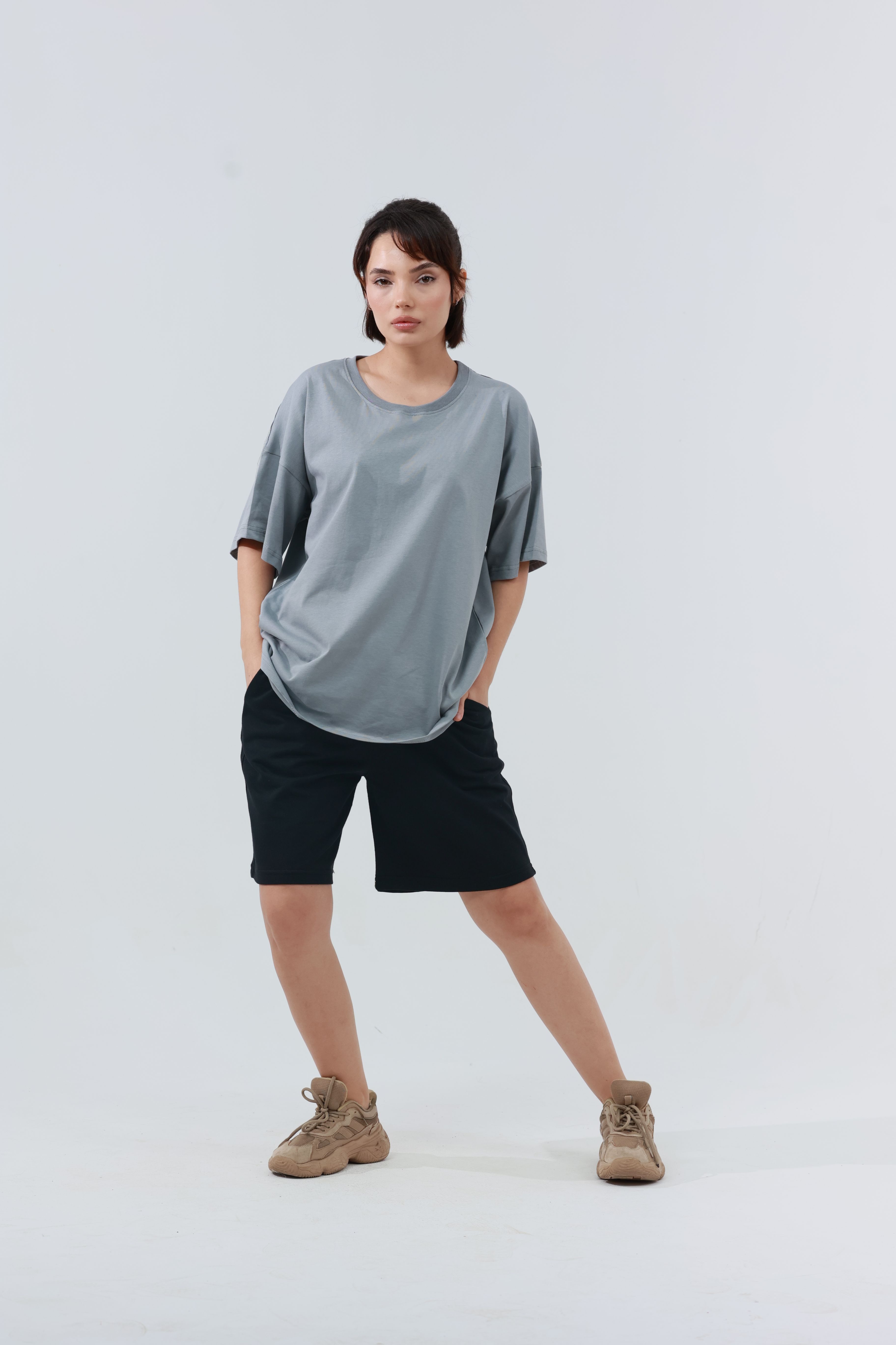Kadın Penye Oversized T-Shirt Gri