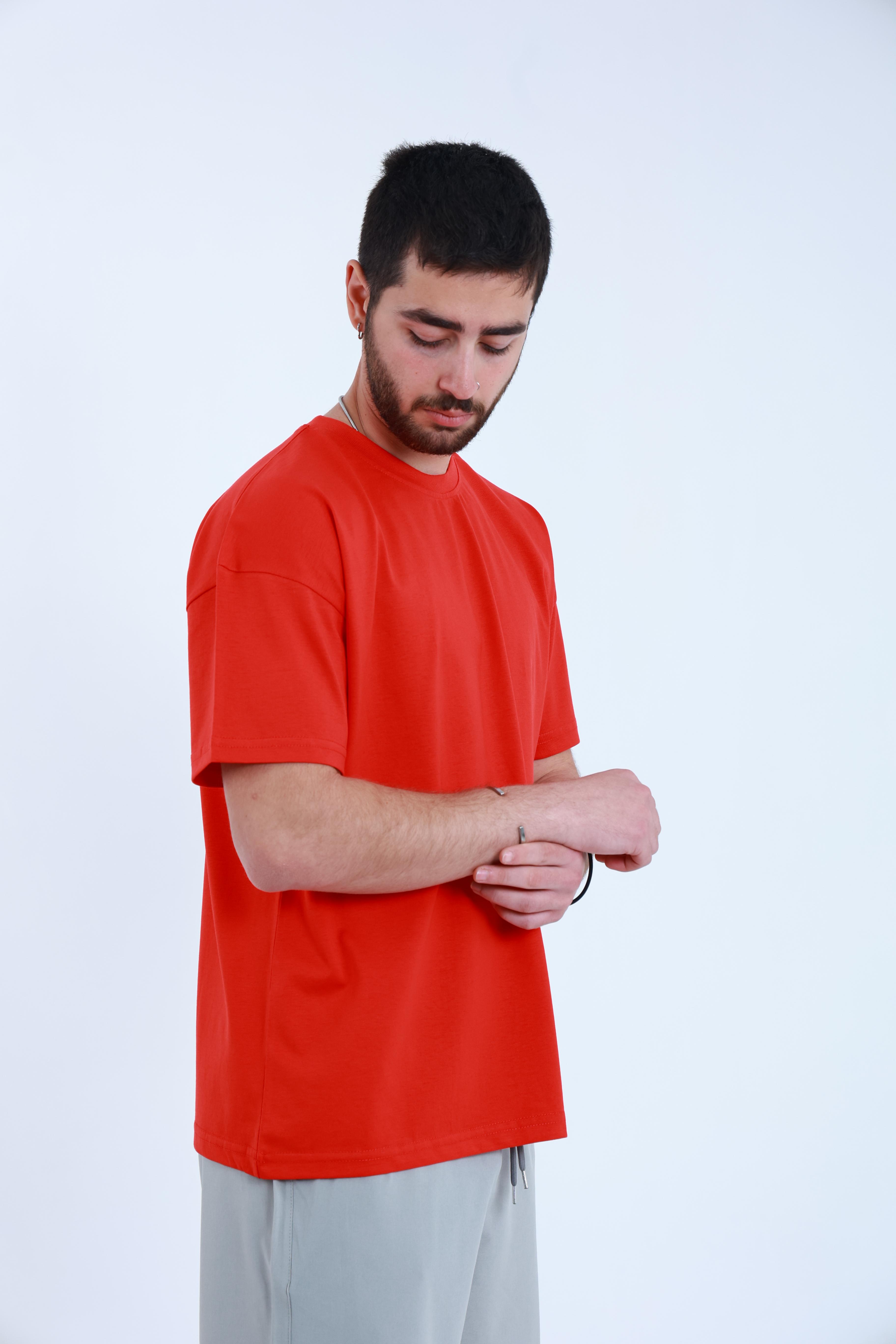 Erkek Penye Oversized T-Shirt Kırmızı