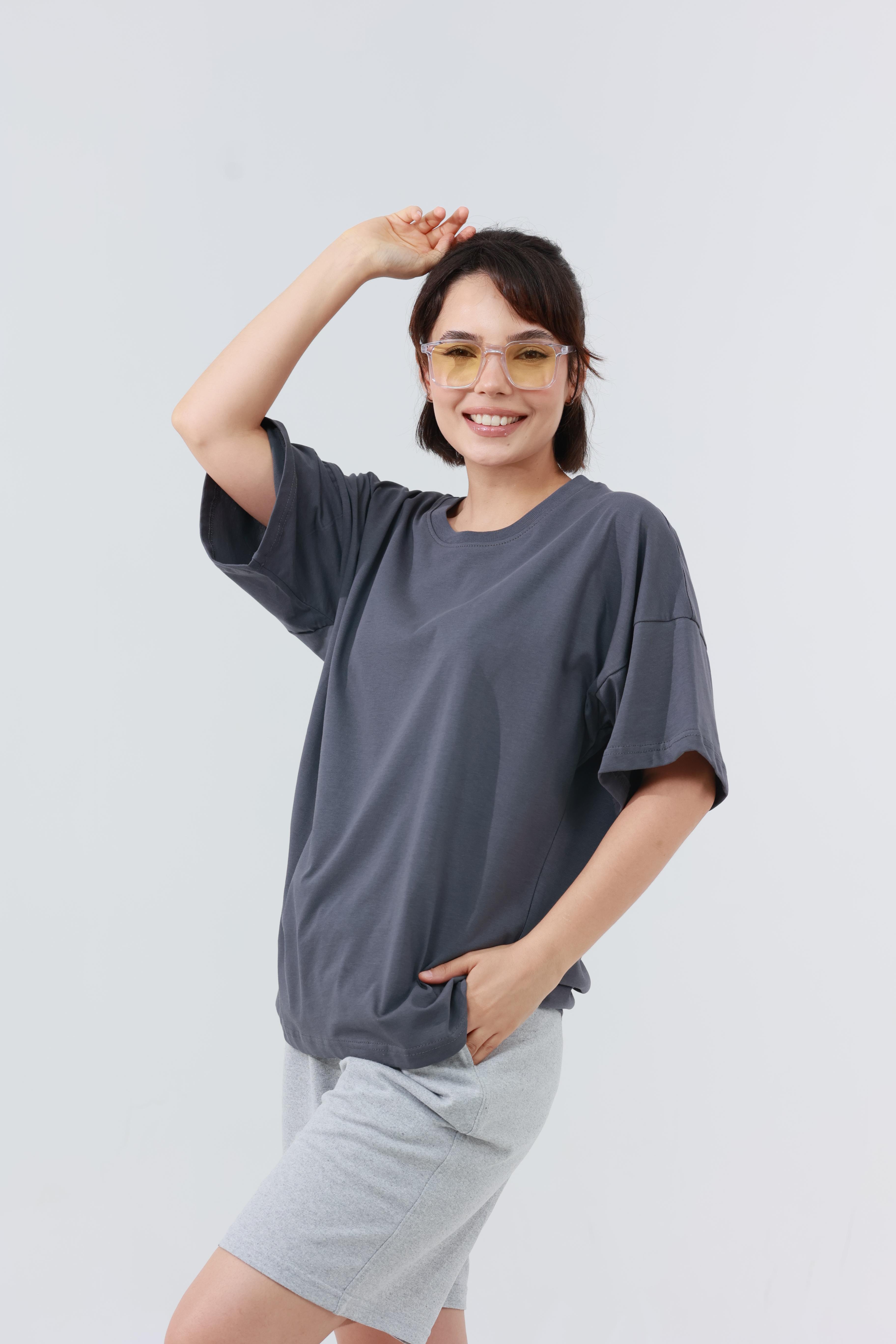 Kadın Penye Oversized T-Shirt Füme