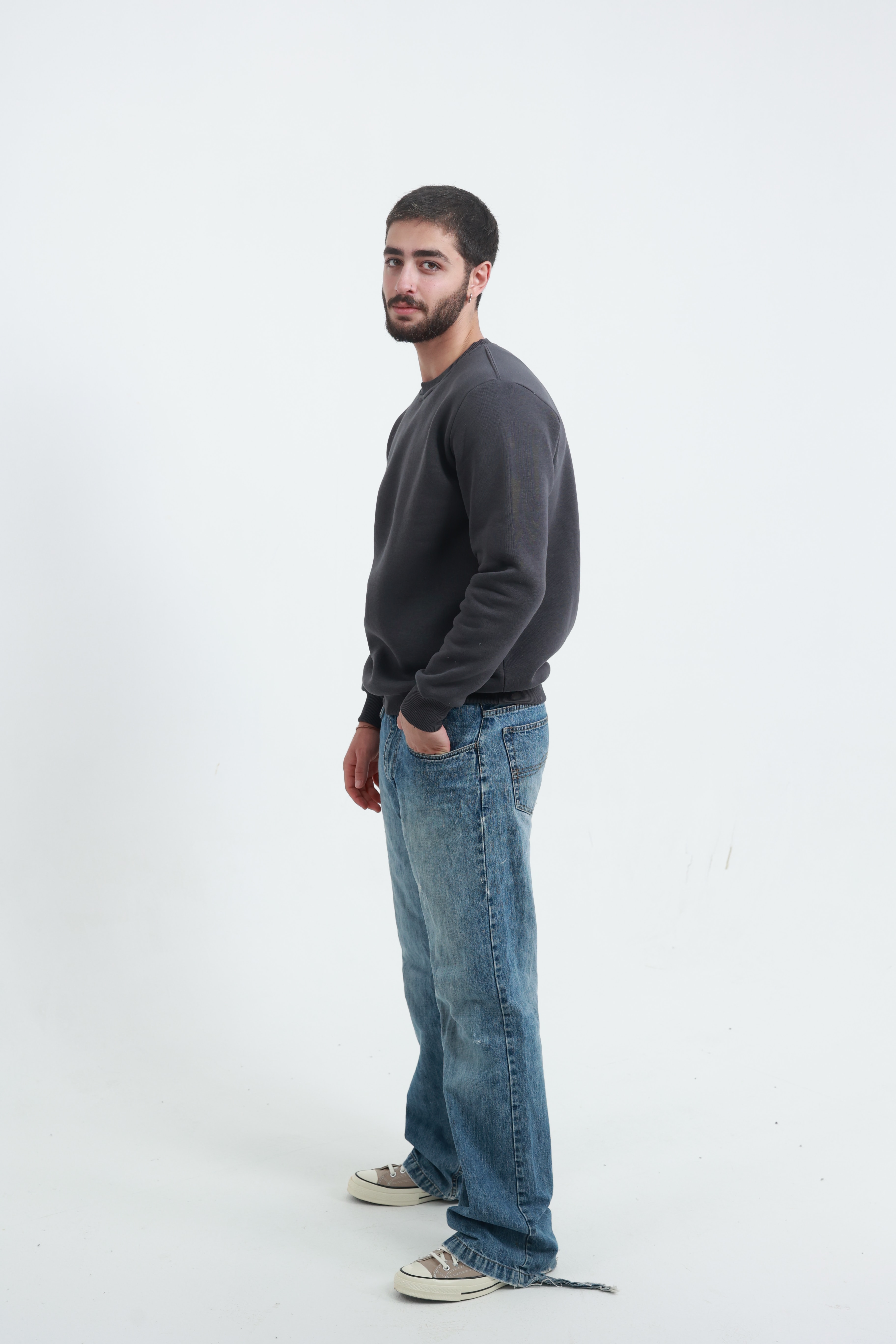 Koyu Füme Erkek Bisiklet Yaka Sweatshirt
