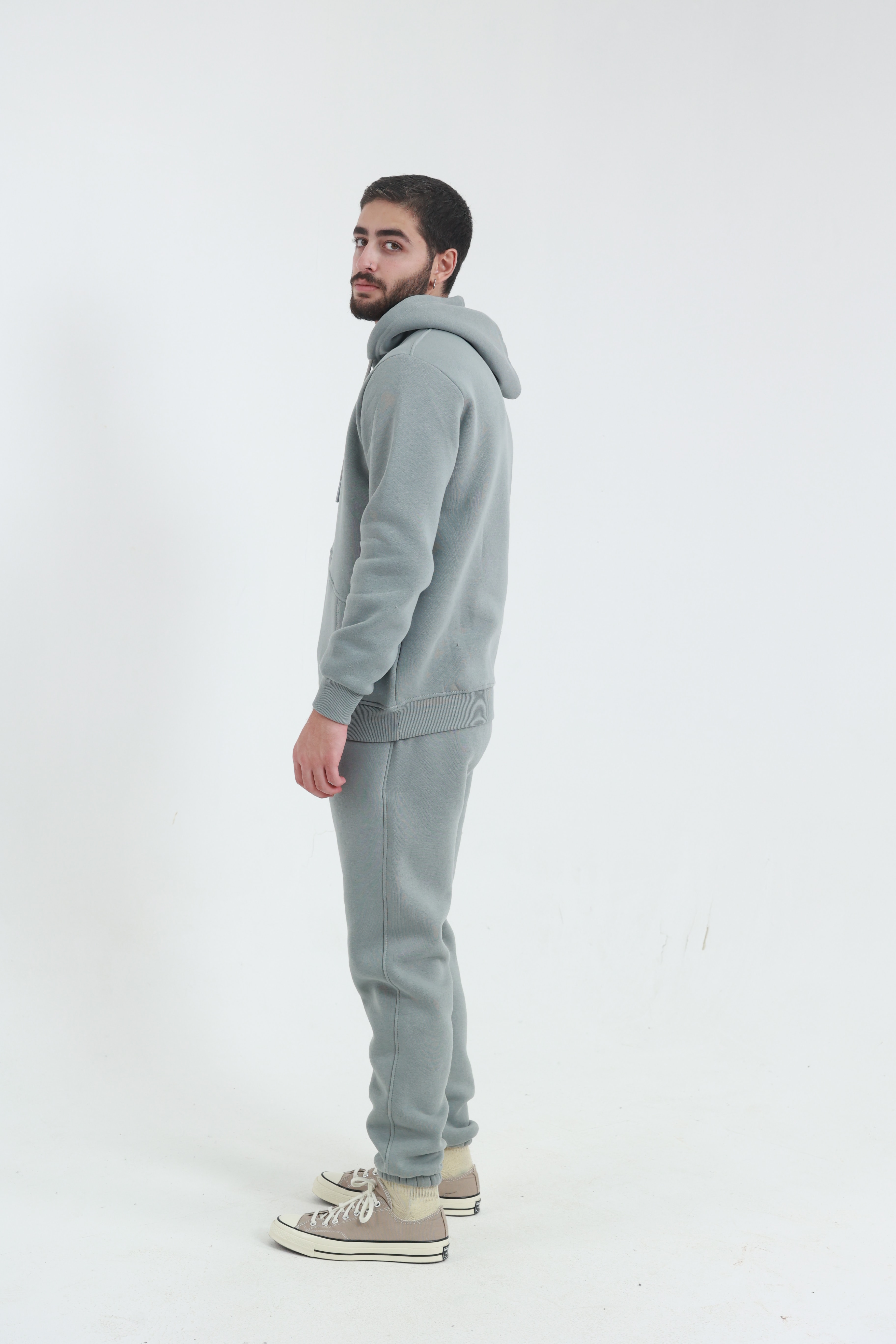 Gri Erkek Penye Regular Fit Yandan Cepli Sweatshirt 3 İplik Eşofman Takım