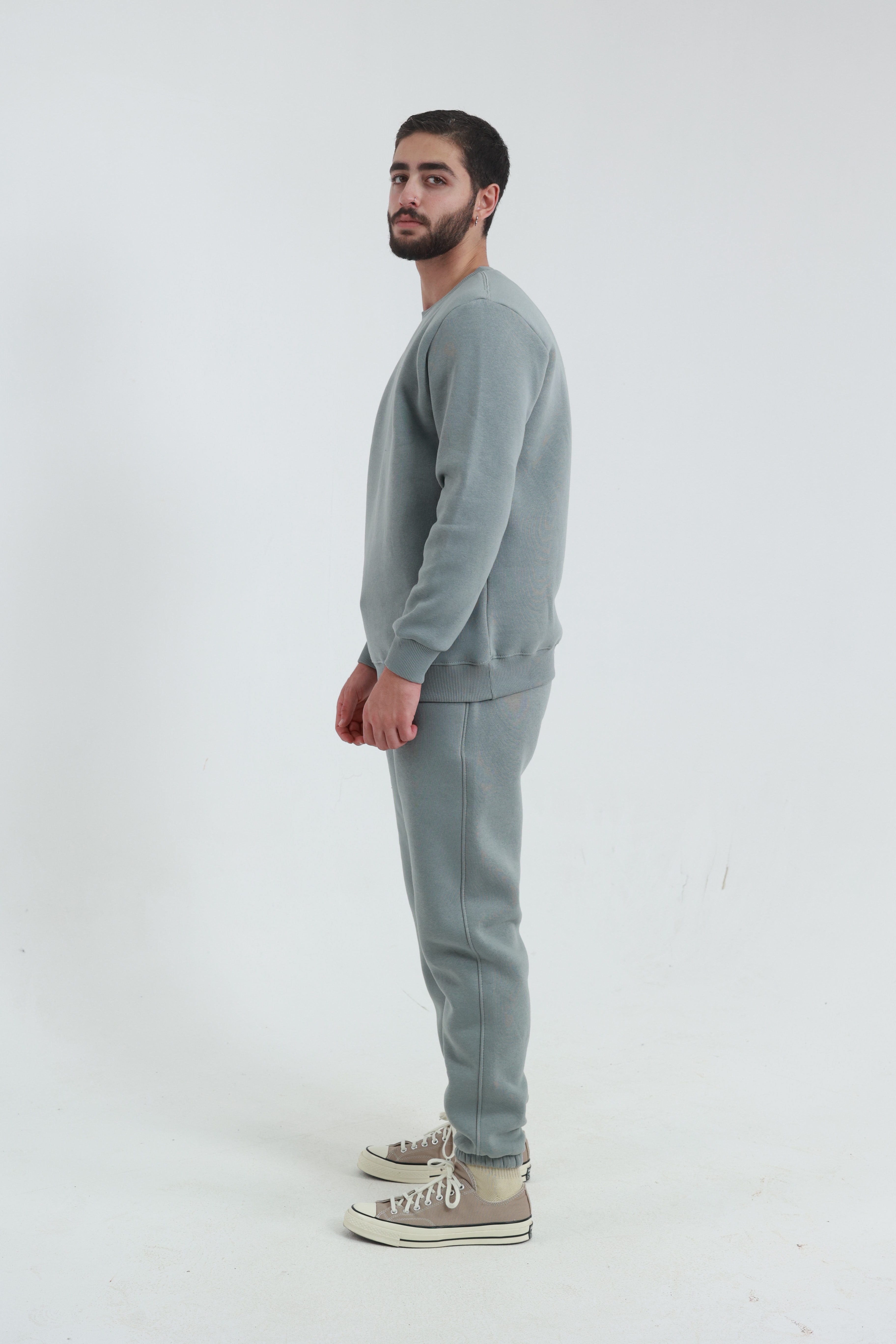 Gri Penye Regular Fit Bisiklet Yaka 3 İplik Eşofman Takım