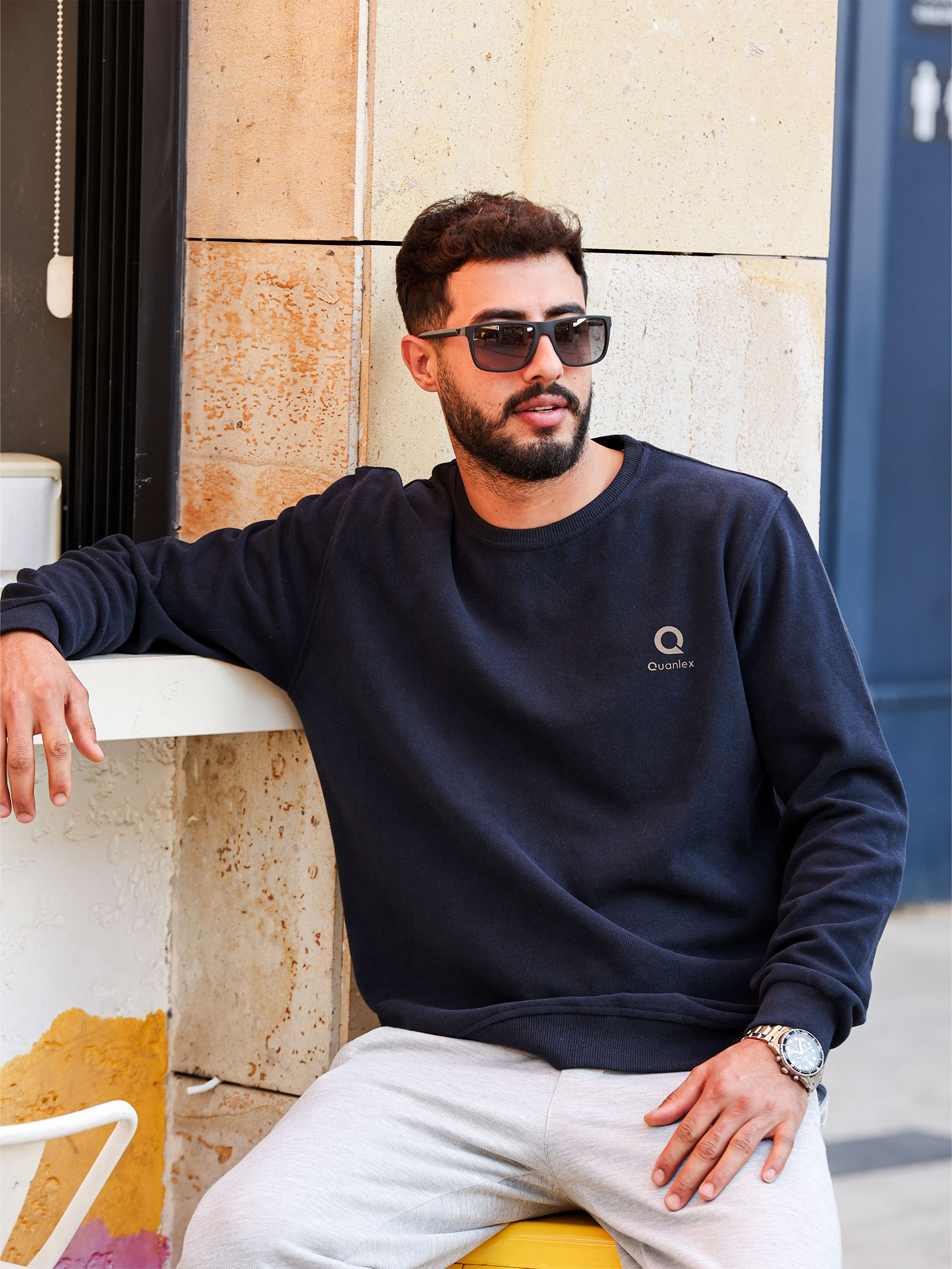 Lacivert Quanlex Selanik Kumaş Bisiklet Yaka Sweatshirt