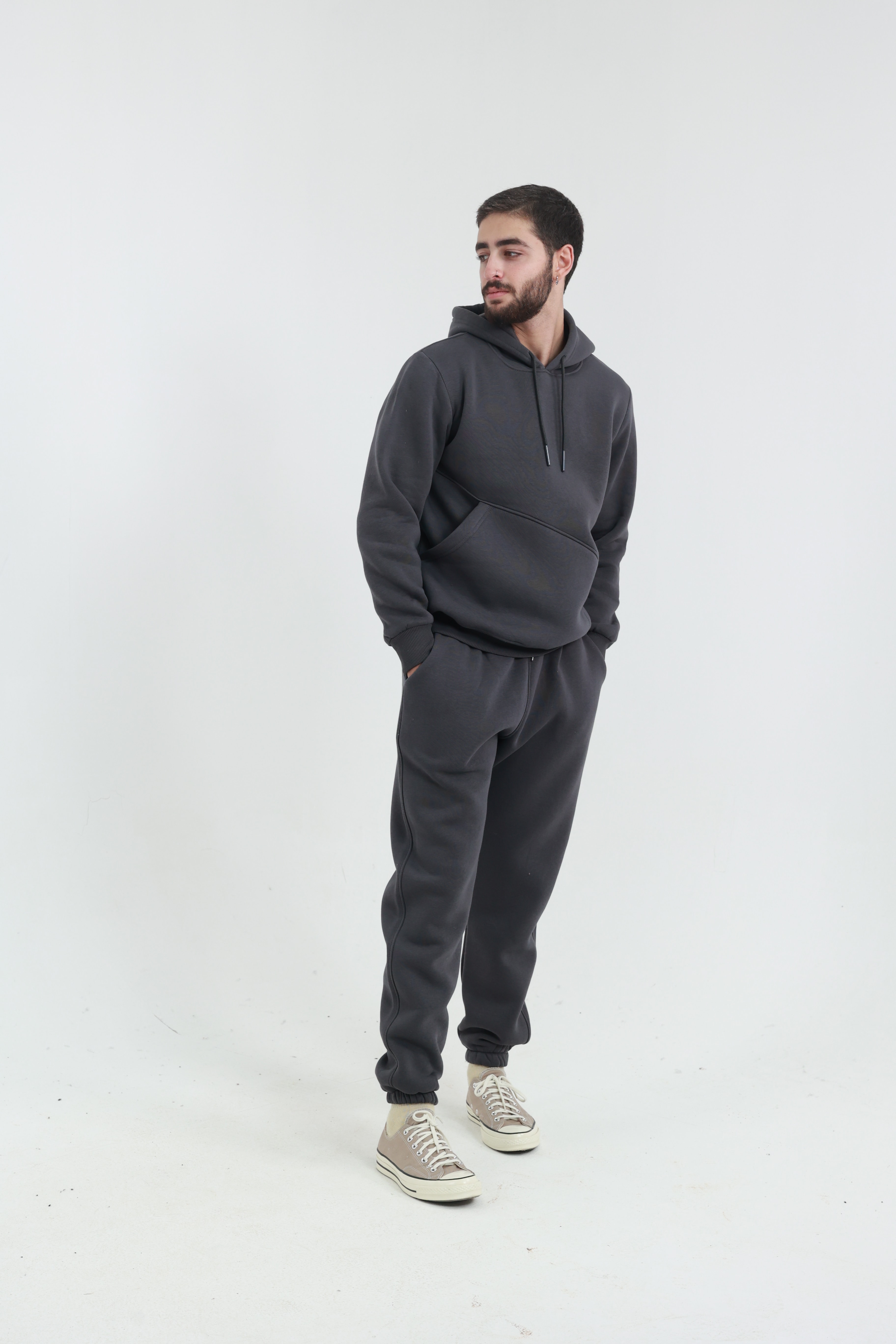 Koyu Füme Erkek Penye Regular Fit Yandan Cepli Sweatshirt 3 İplik Eşofman Takım