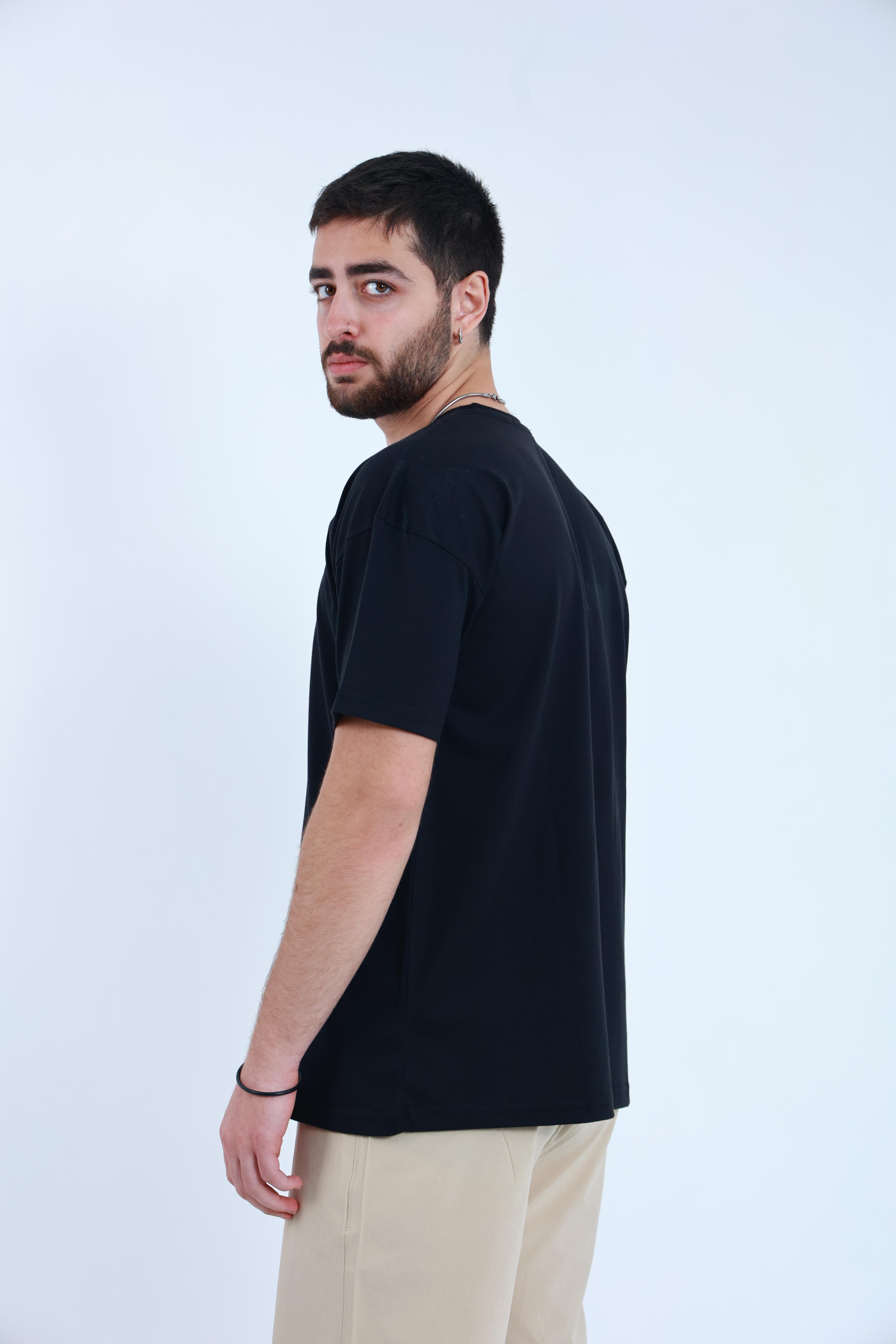 Erkek Penye Oversized T-Shirt Siyah