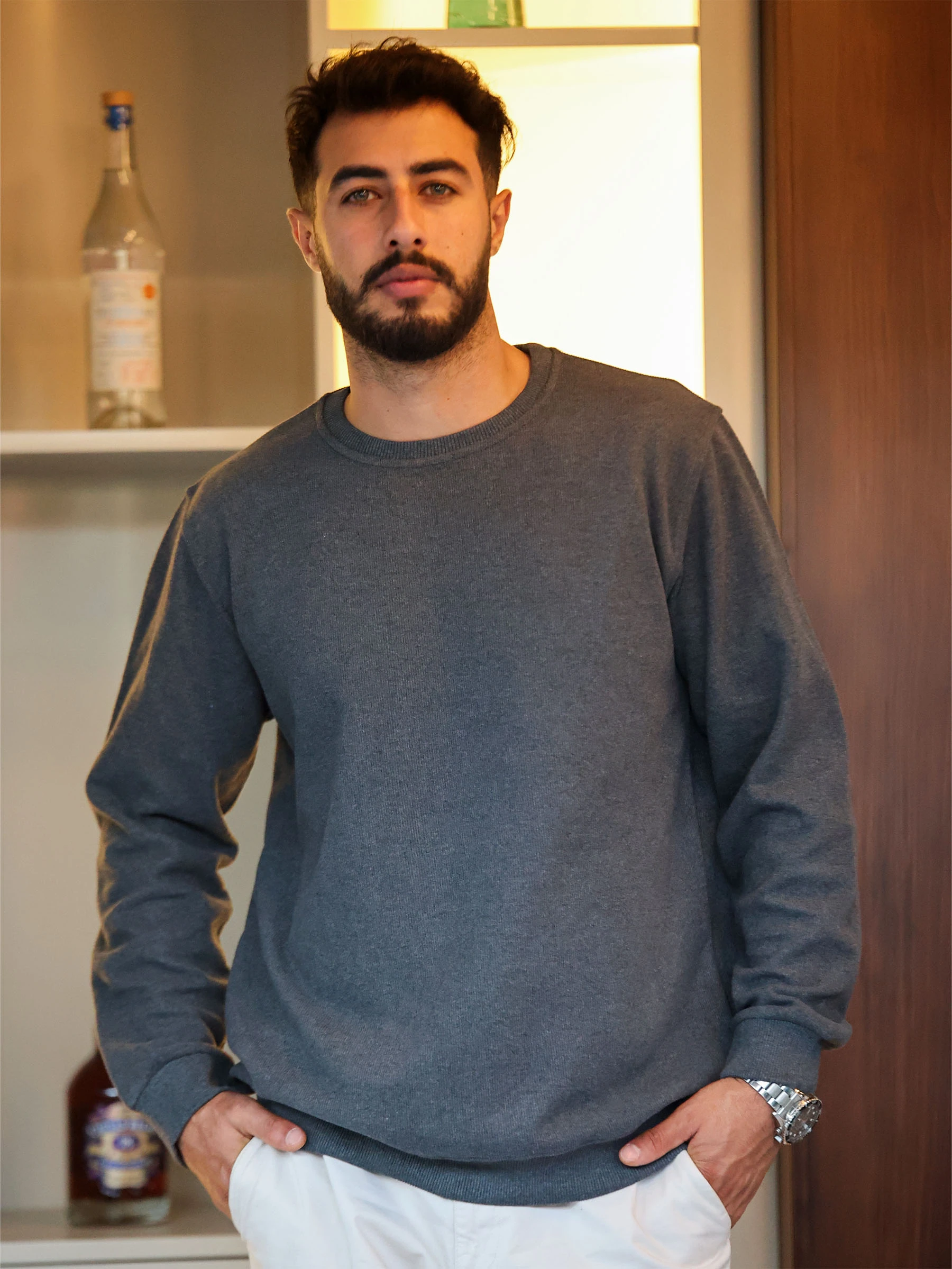 Füme Selanik Kumaş Bisiklet Yaka Sweatshirt