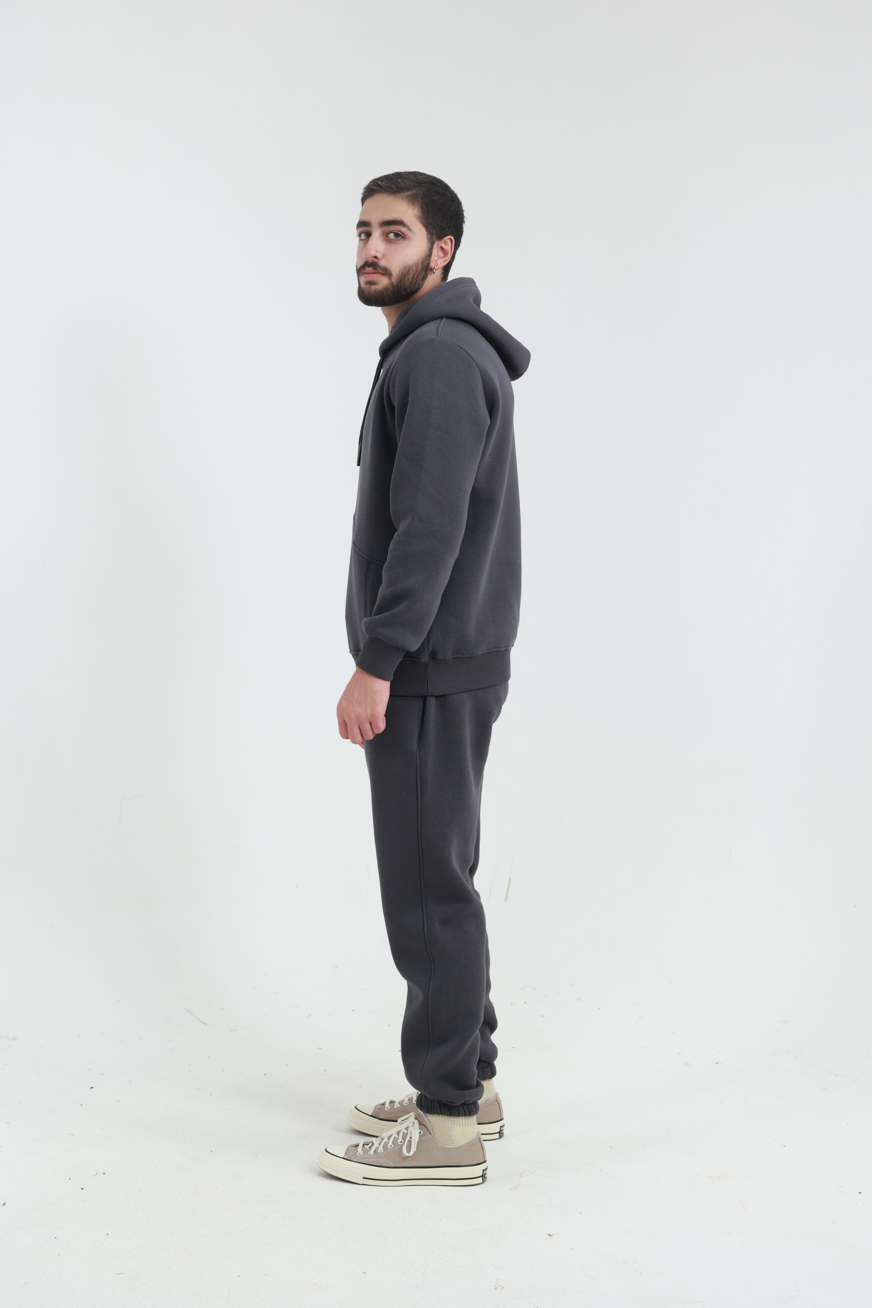Koyu Füme Erkek Penye Regular Fit Yandan Cepli Sweatshirt 3 İplik Eşofman Takım