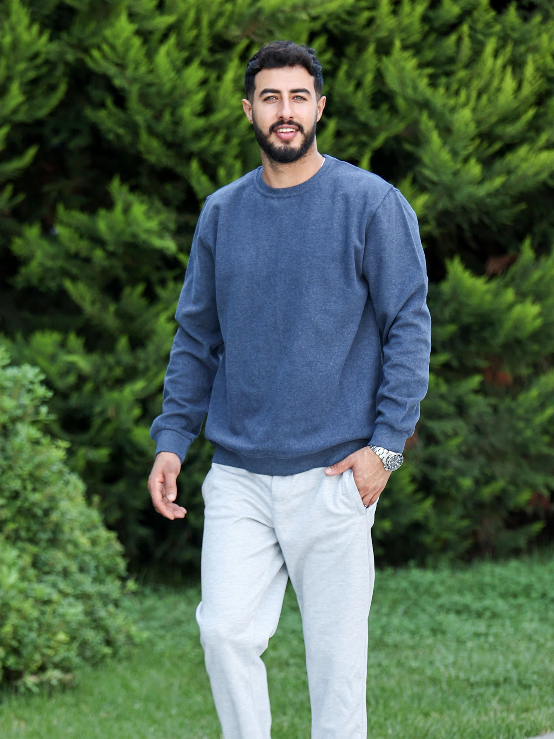 İndigo Selanik Kumaş Bisiklet Yaka Sweatshirt