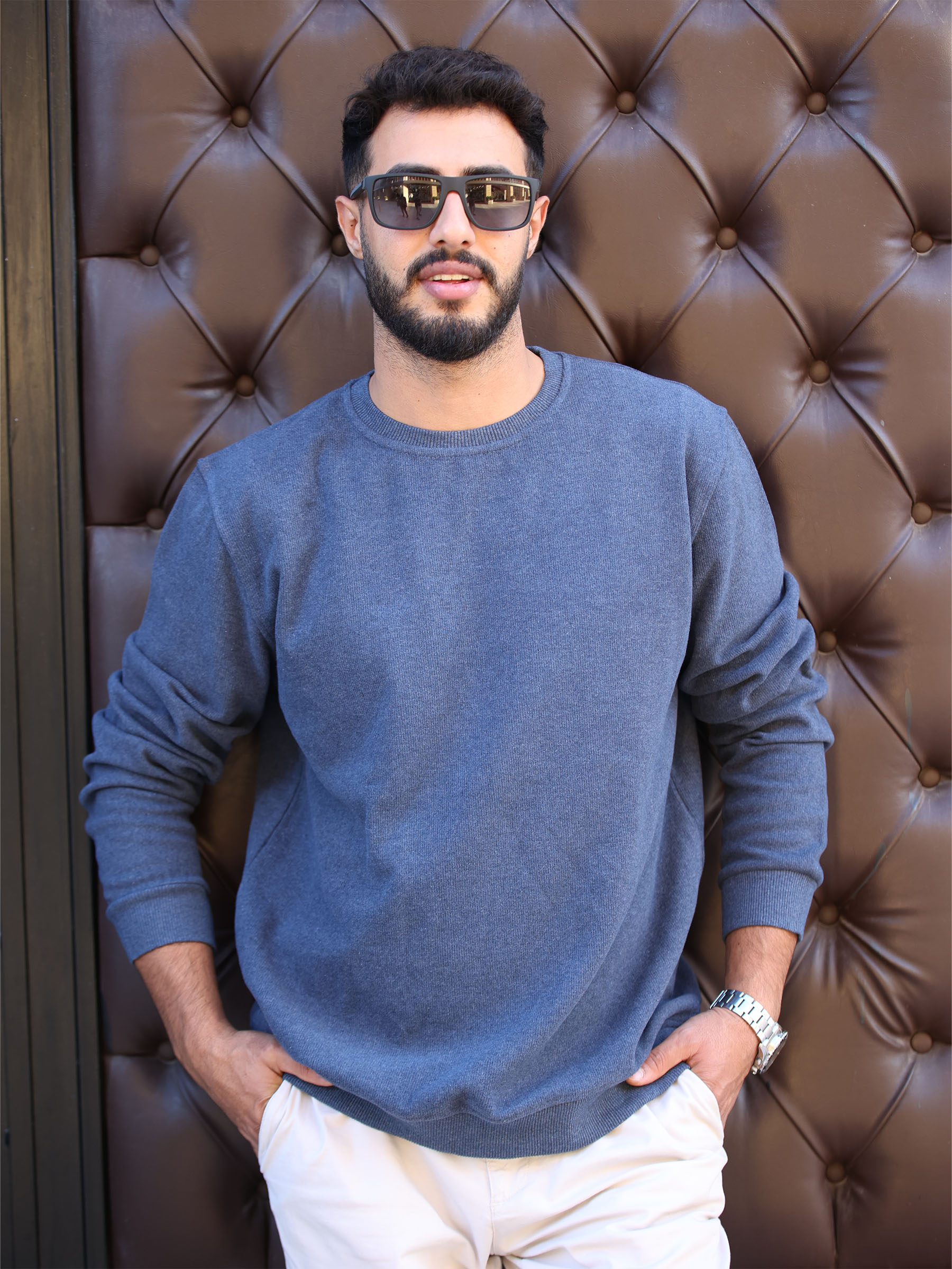 İndigo Selanik Kumaş Bisiklet Yaka Sweatshirt