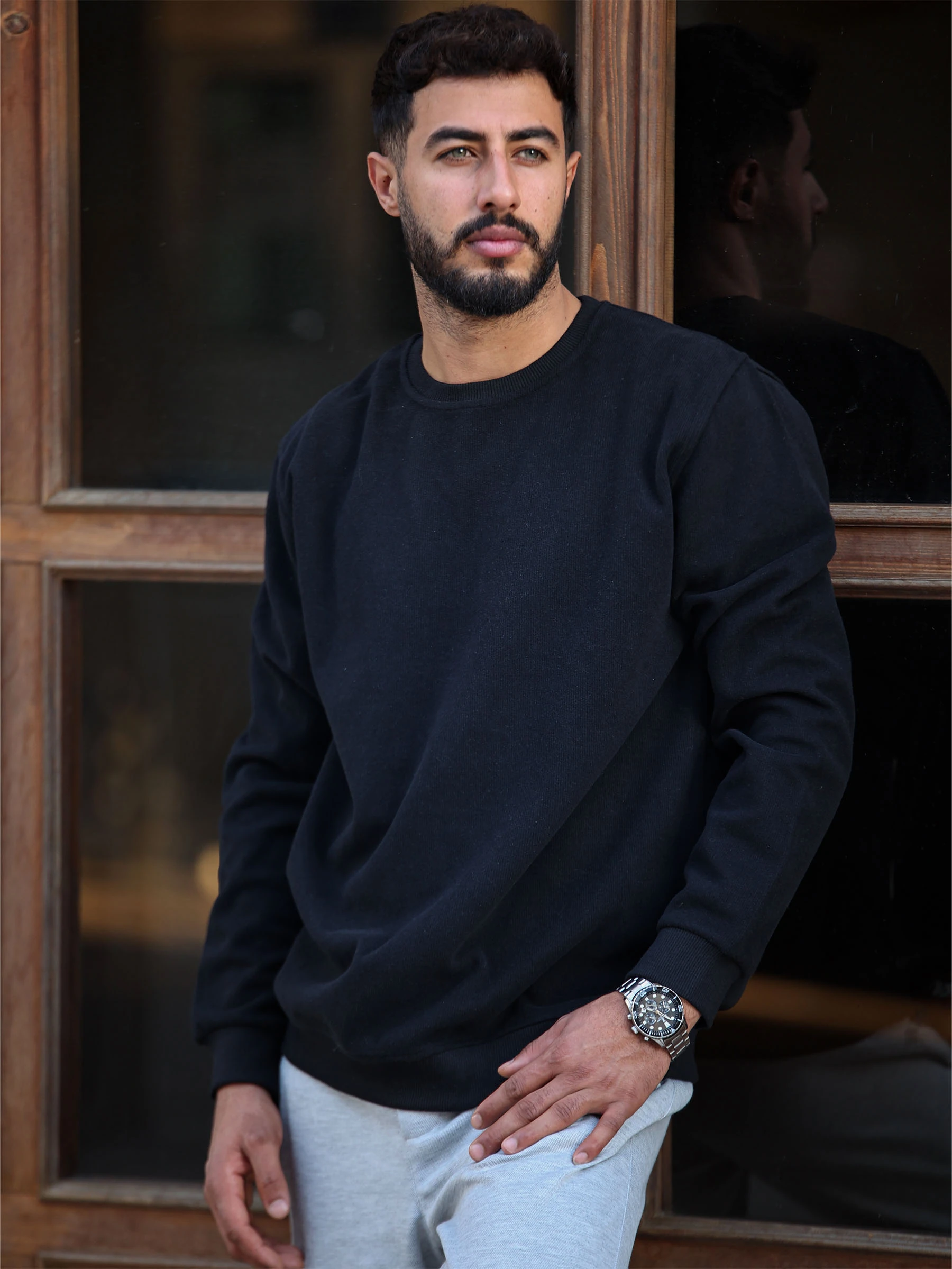 Siyah Selanik Kumaş Bisiklet Yaka Sweatshirt