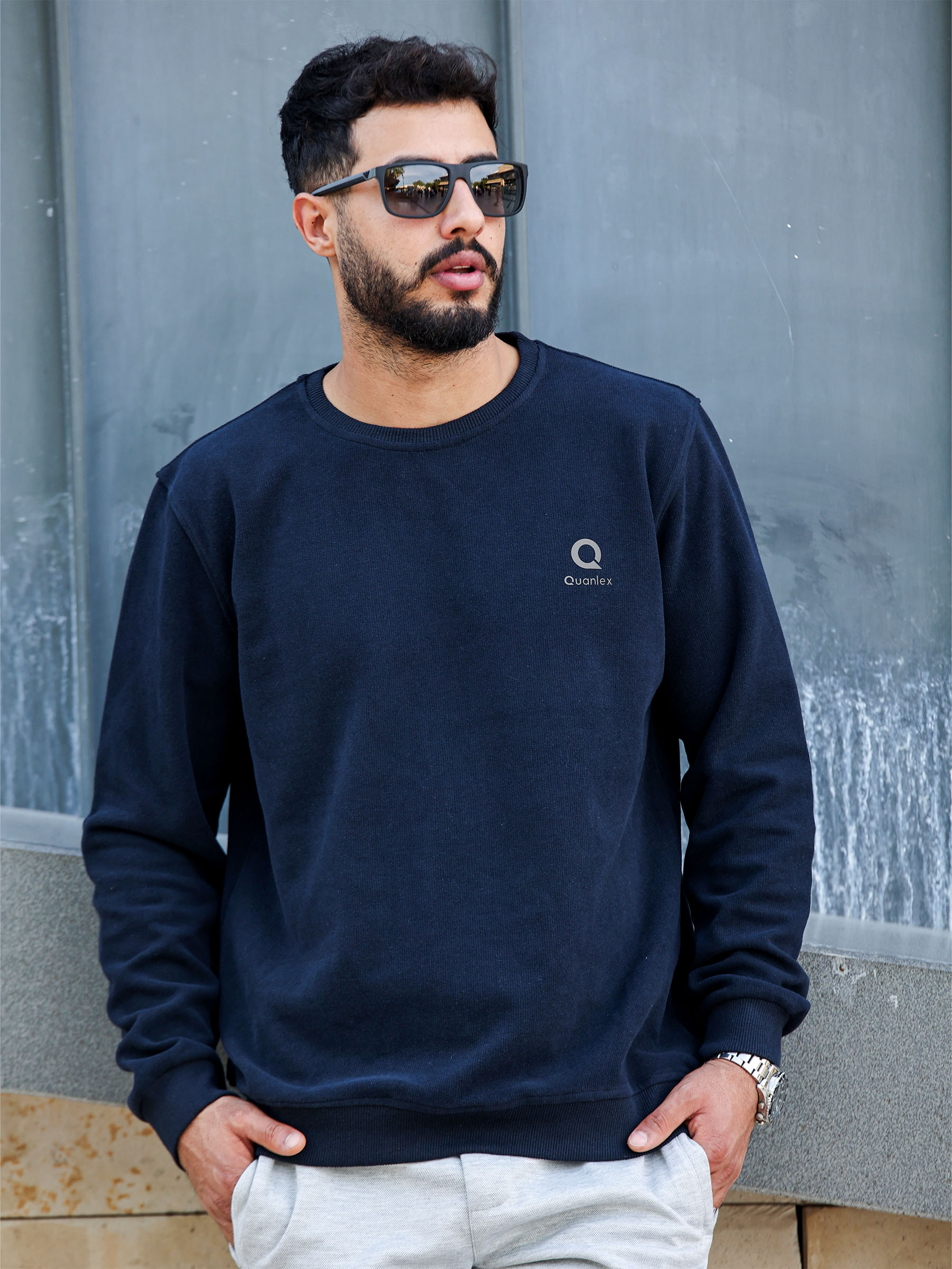 Lacivert Quanlex Selanik Kumaş Bisiklet Yaka Sweatshirt