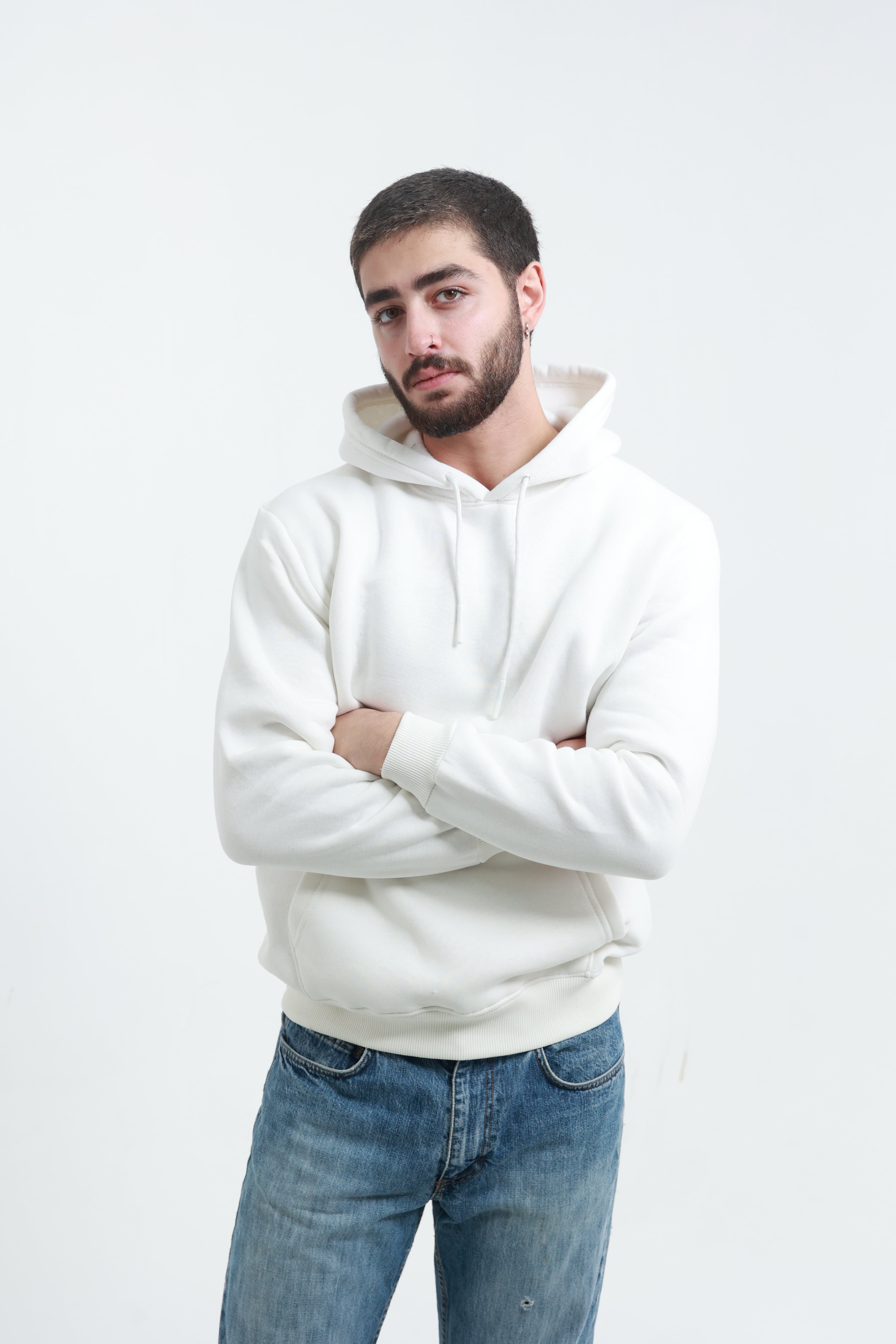 Kanguru Cepli Sweatshirt 3 İplik Beyaz