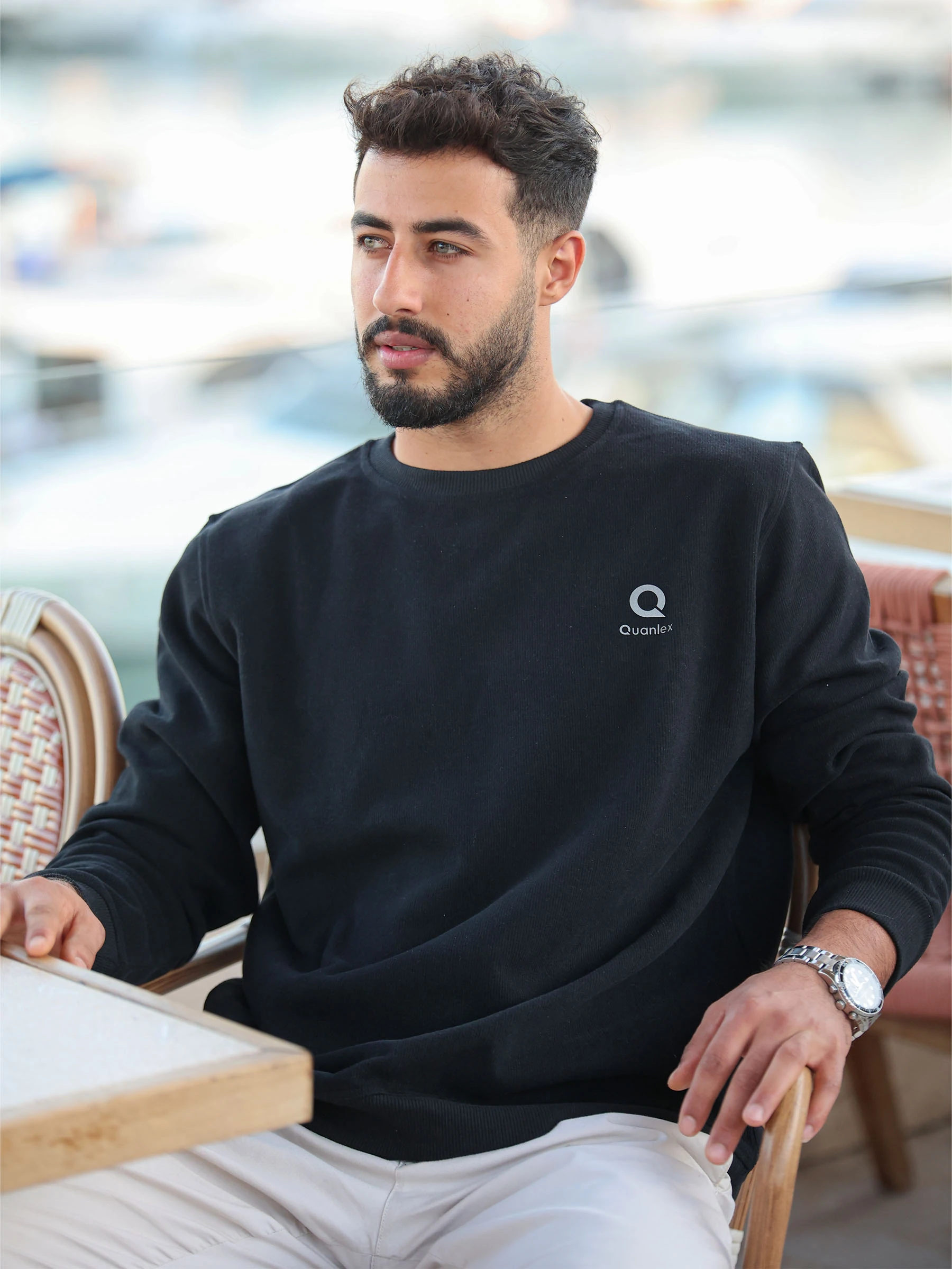 Siyah Quanlex Selanik Kumaş Bisiklet Yaka Sweatshirt