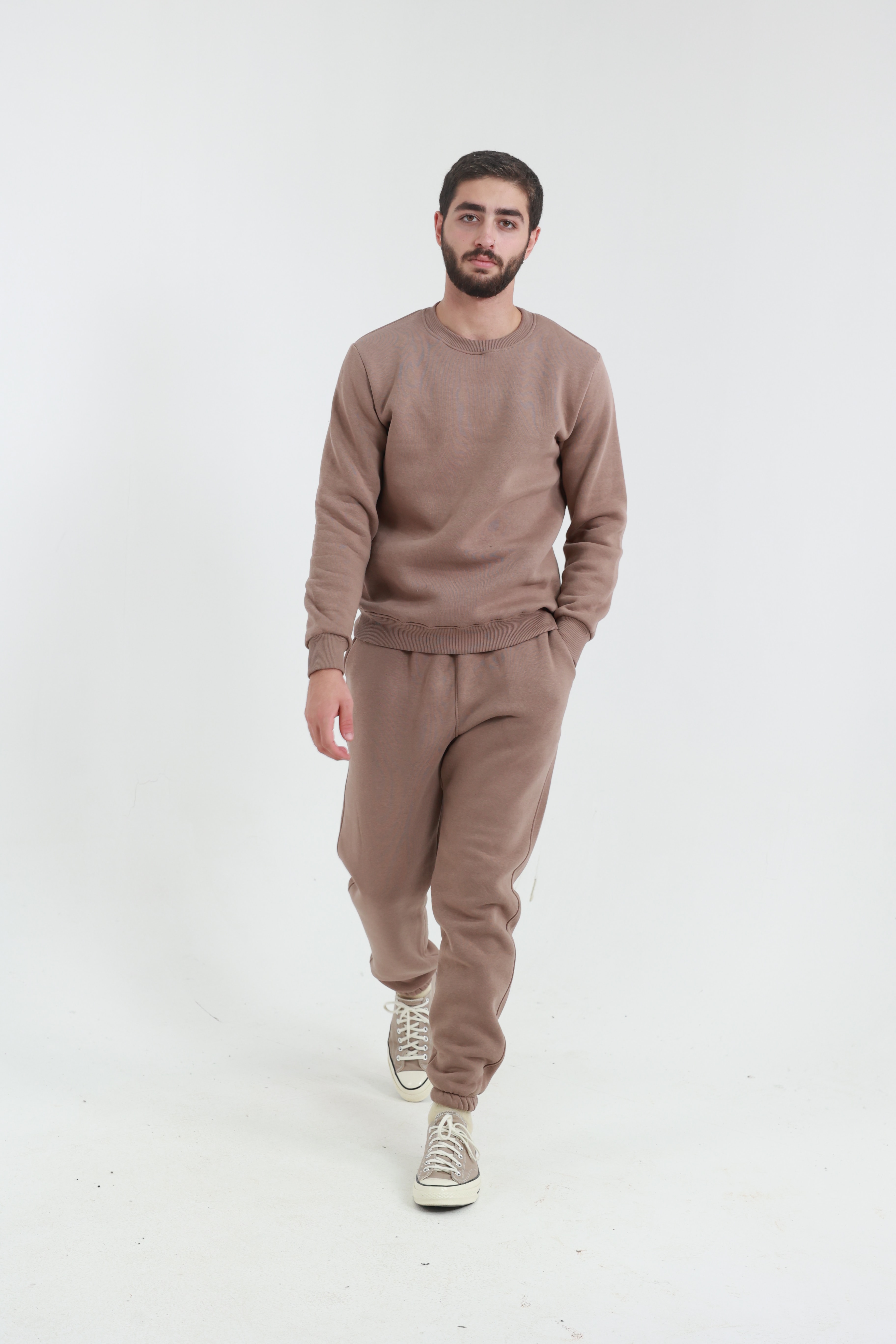 Kahverengi Penye Regular Fit Bisiklet Yaka 3 İplik Eşofman Takım