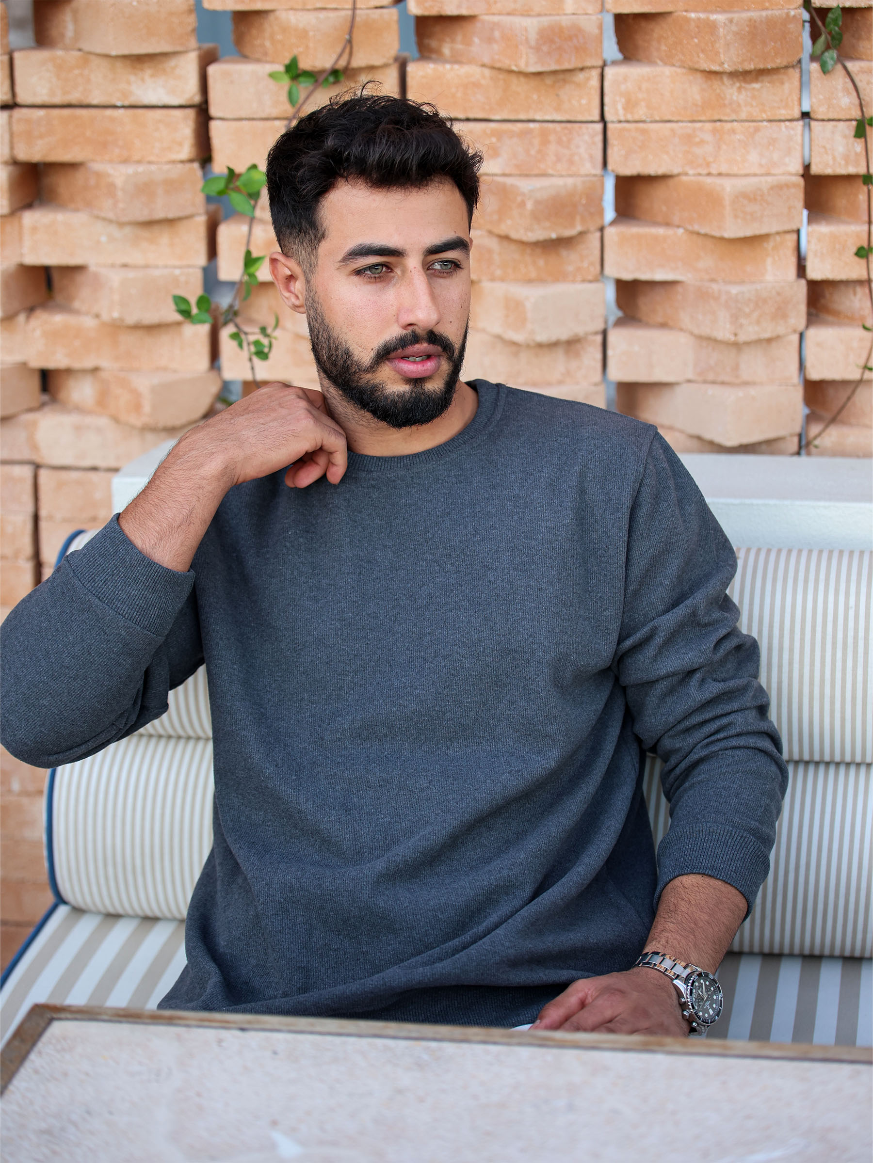 Füme Selanik Kumaş Bisiklet Yaka Sweatshirt