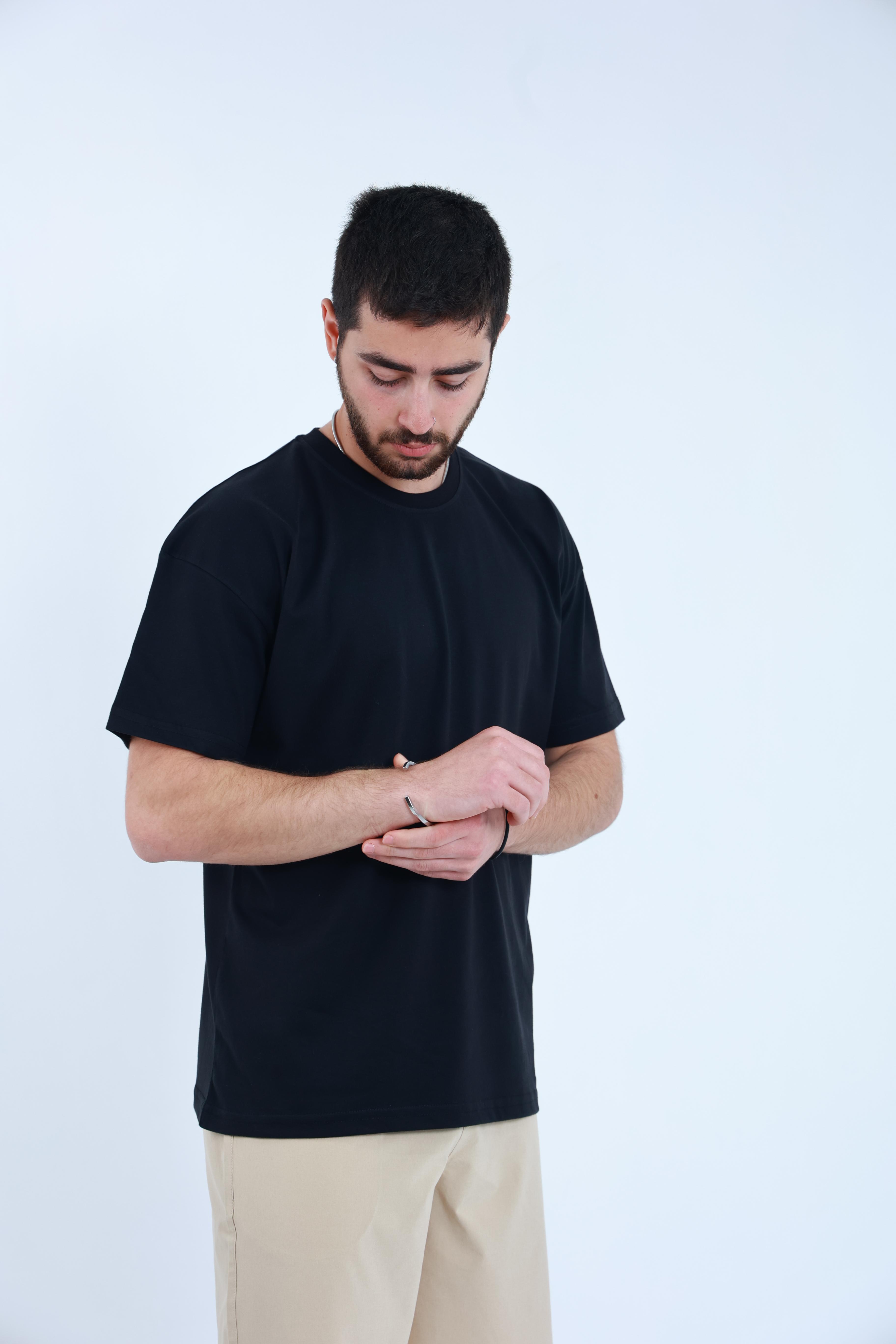 Erkek Penye Oversized T-Shirt Siyah