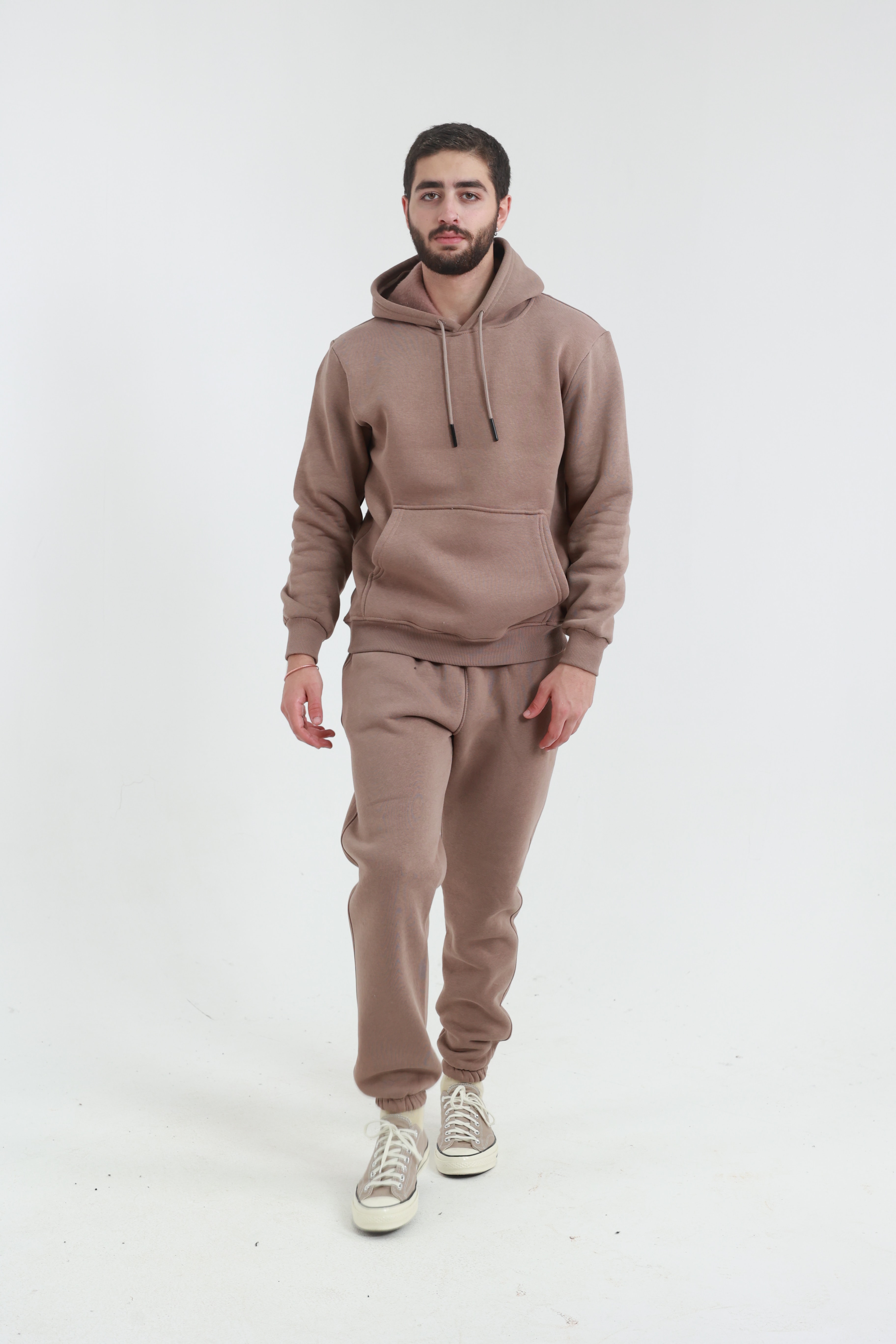 Kahverengi Penye Regular Fit Kanguru Cepli Sweatshirt 3 İplik Eşofman Takım