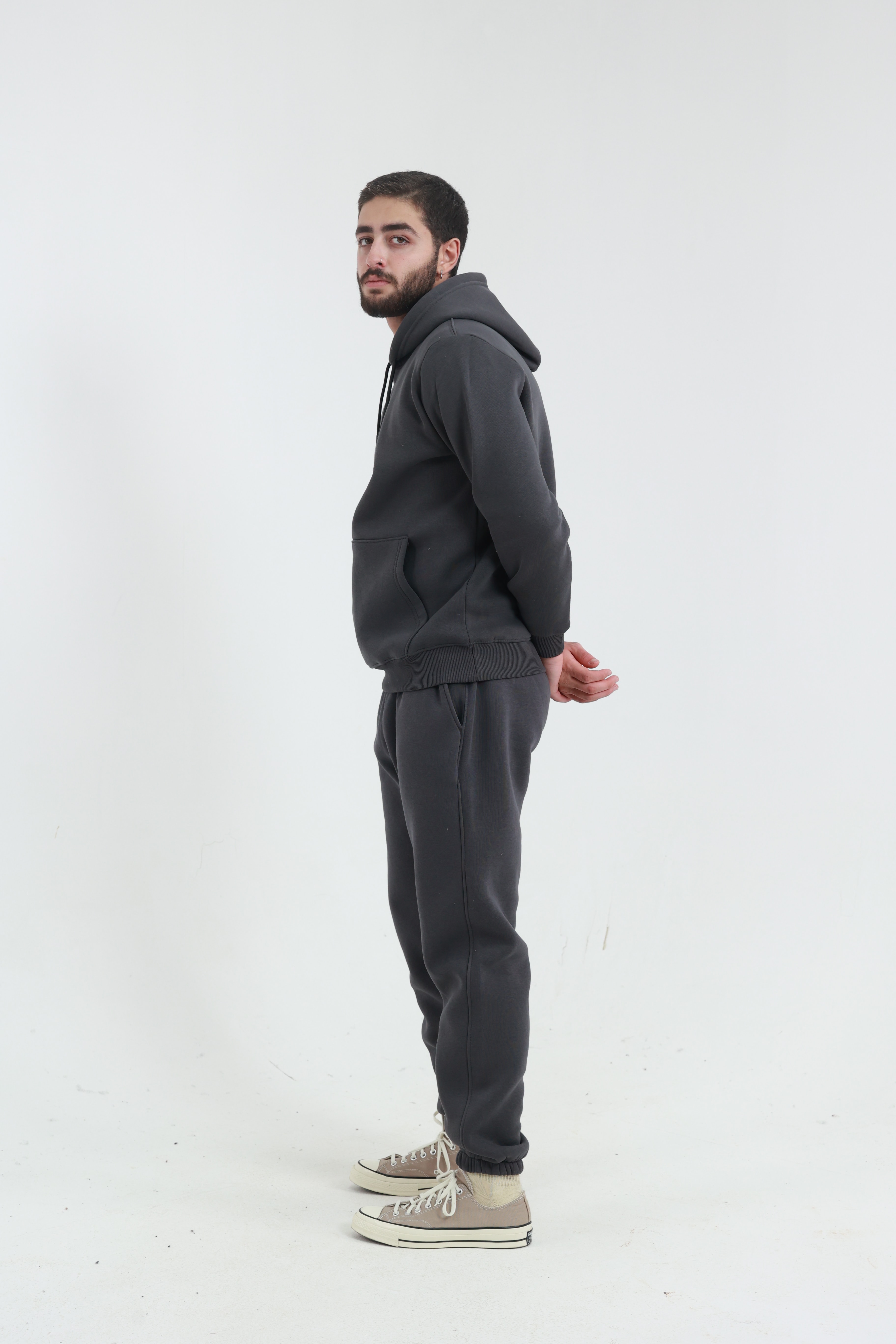 Koyu Füme Penye Regular Fit Kanguru Cepli Sweatshirt 3 İplik Eşofman Takım