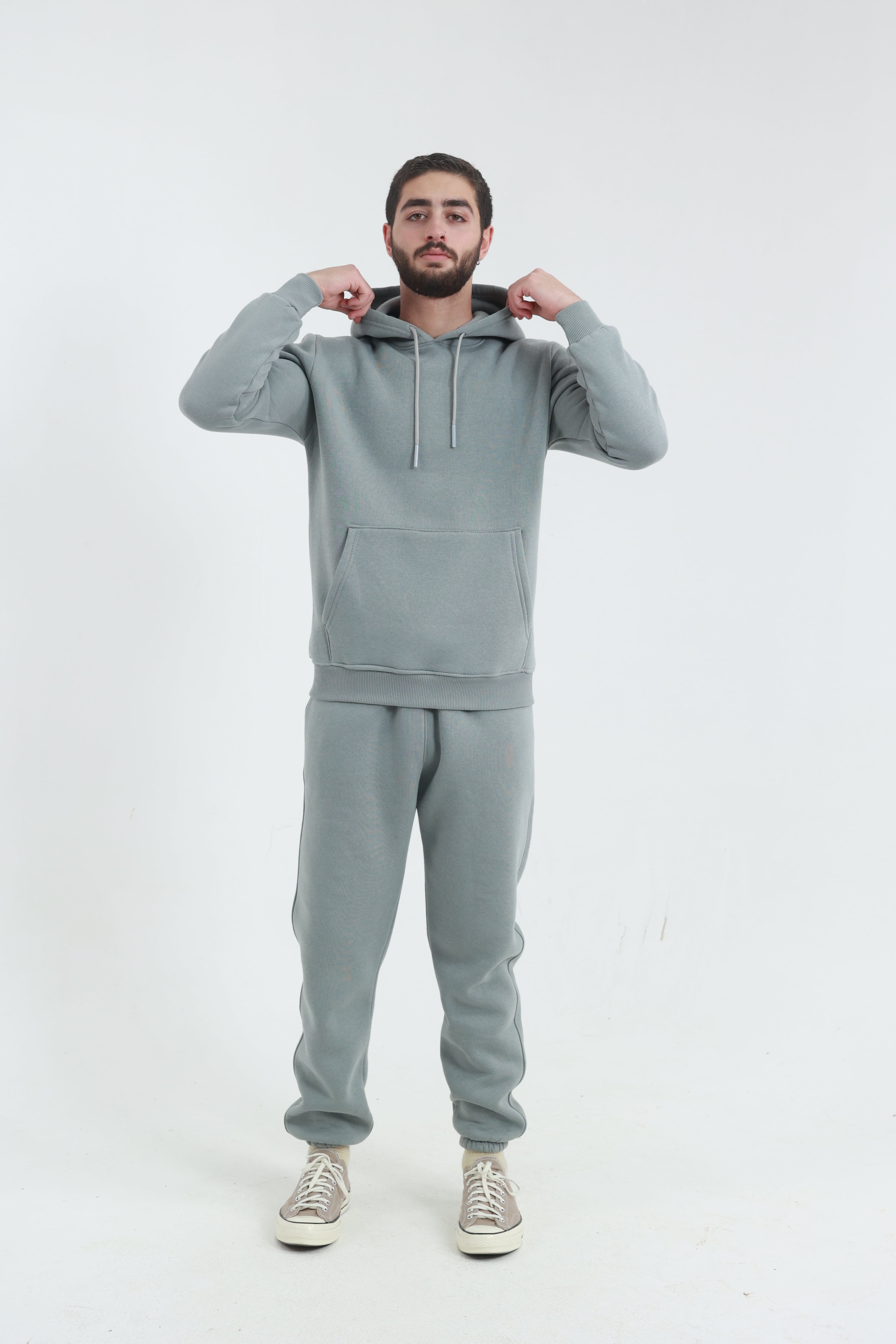 Gri Penye Regular Fit Kanguru Cepli Sweatshirt 3 İplik Eşofman Takım