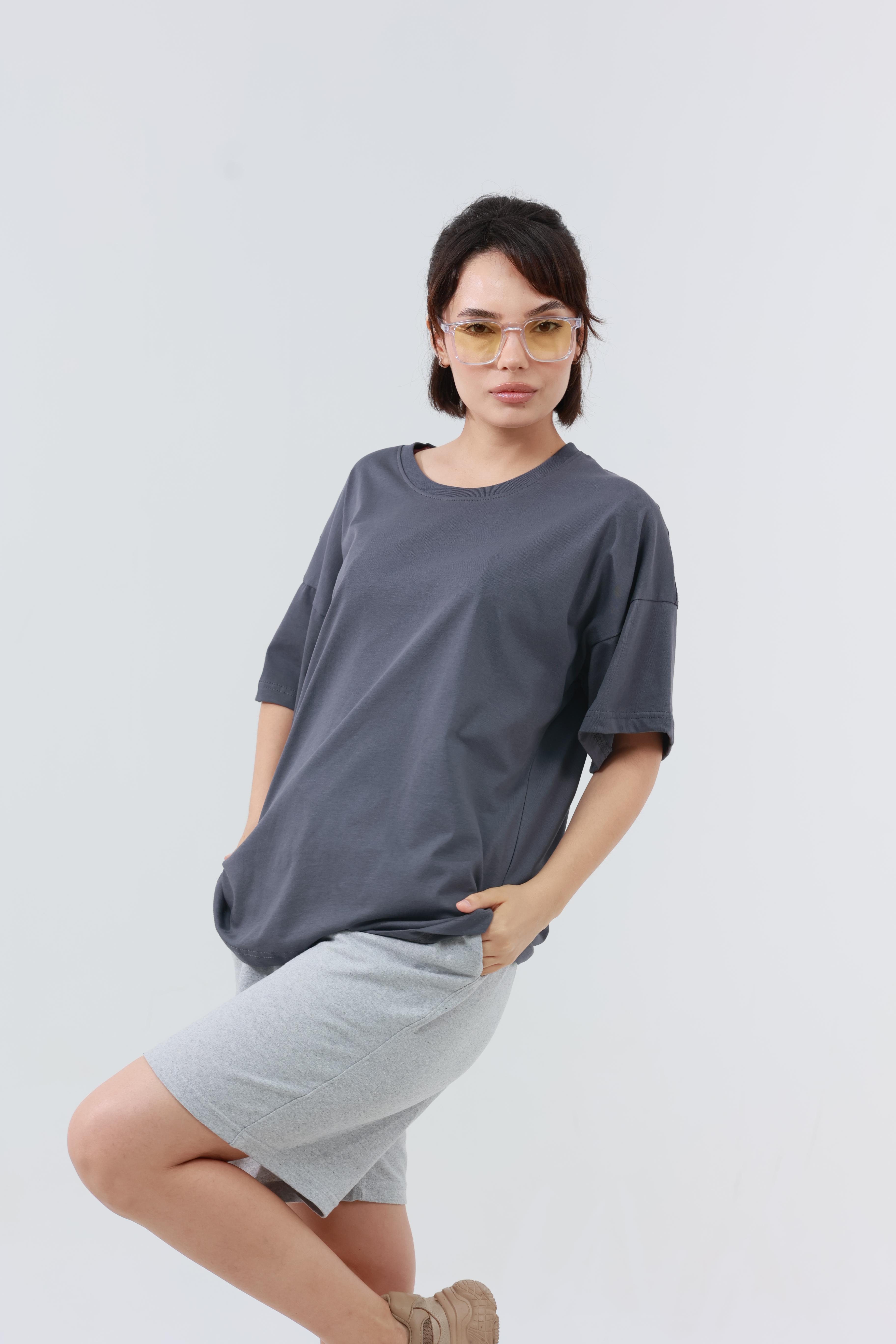 Kadın Penye Oversized T-Shirt Füme