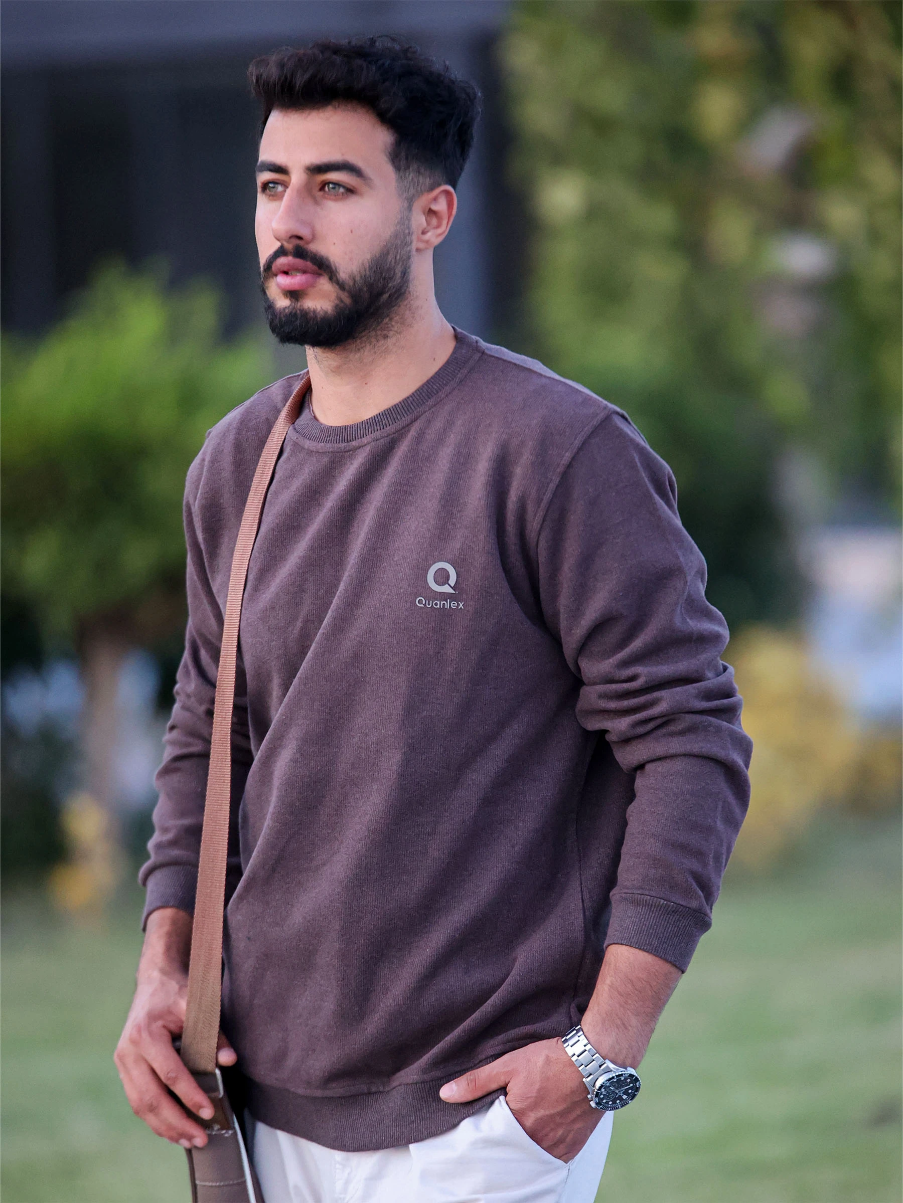 Kahverengi Quanlex Selanik Kumaş Bisiklet Yaka Sweatshirt
