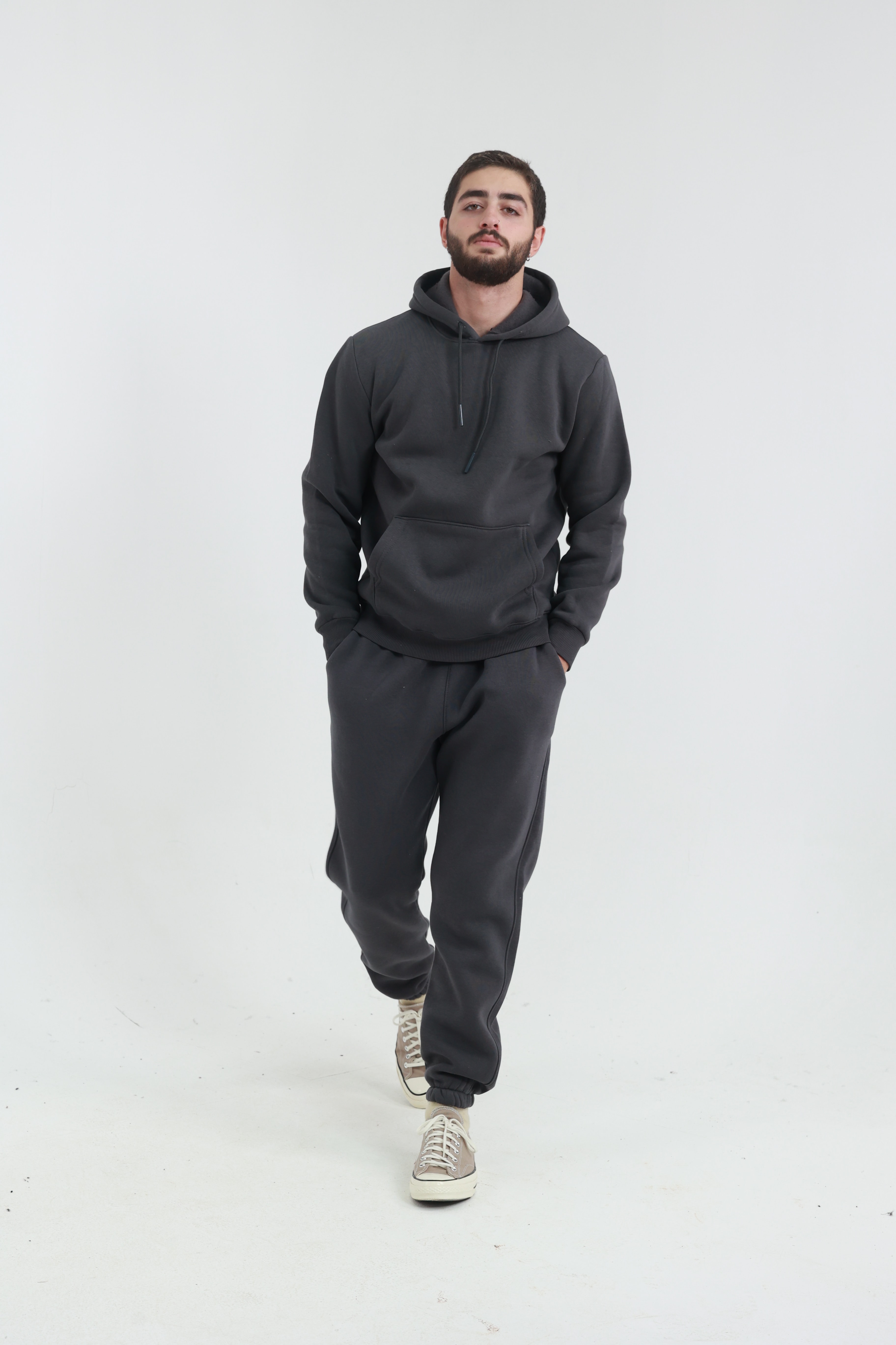 Koyu Füme Penye Regular Fit Kanguru Cepli Sweatshirt 3 İplik Eşofman Takım