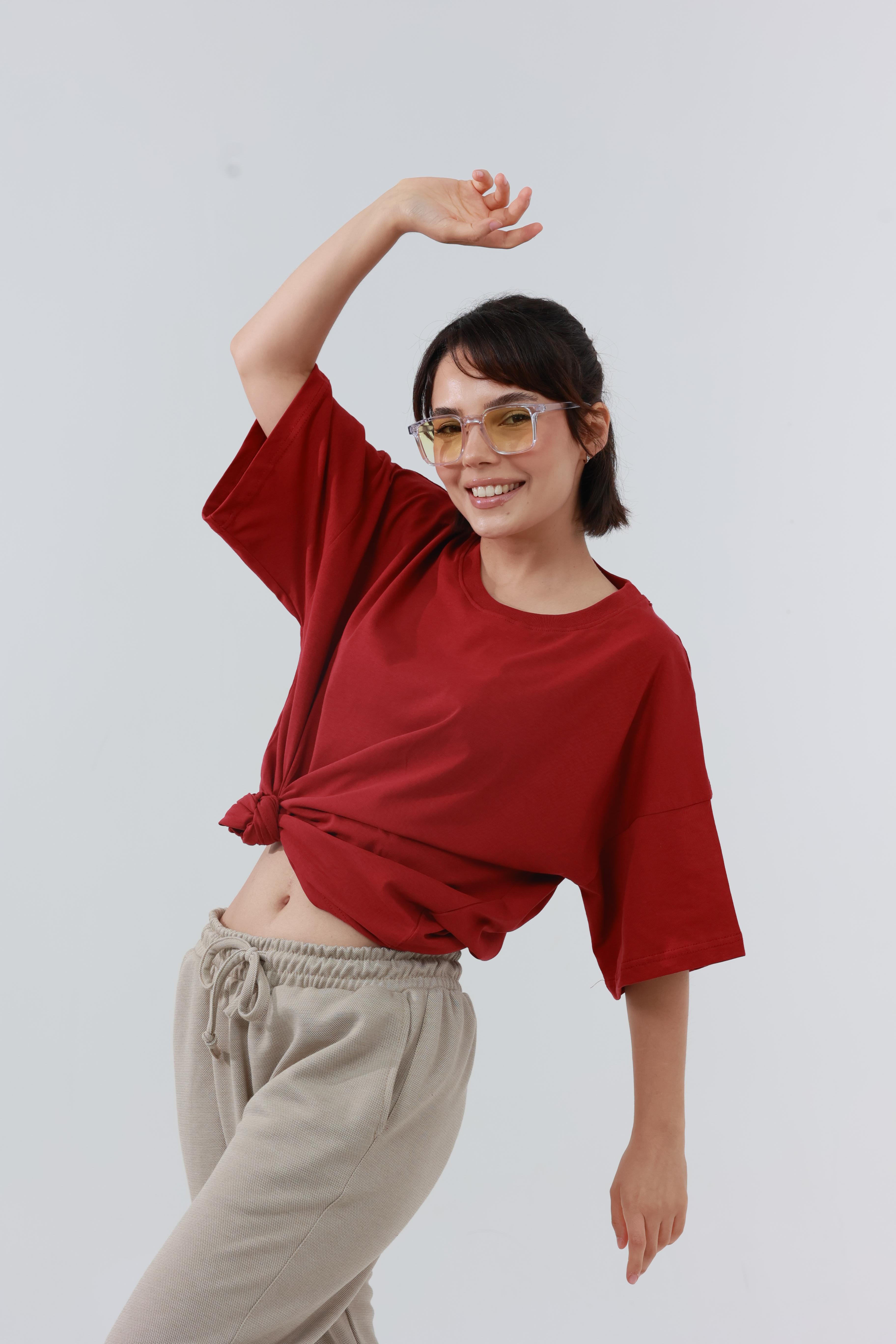 Kadın Penye Oversized T-Shirt Kırmızı